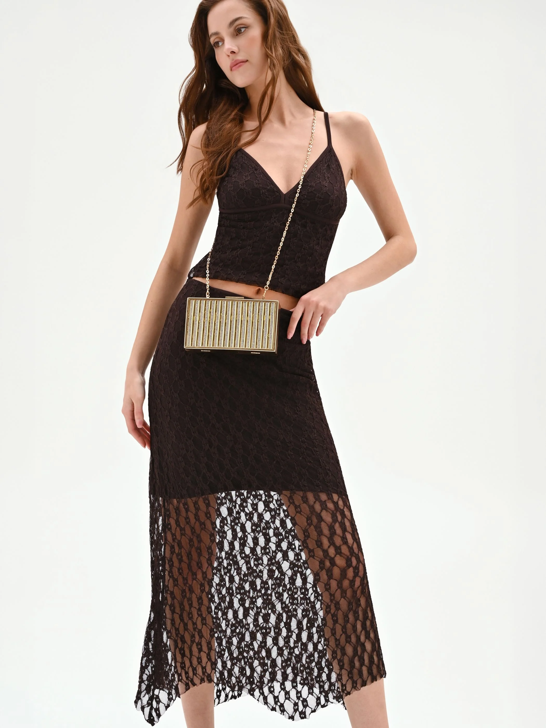 Gonna longuette in pizzo stretch cioccolato - Image 6