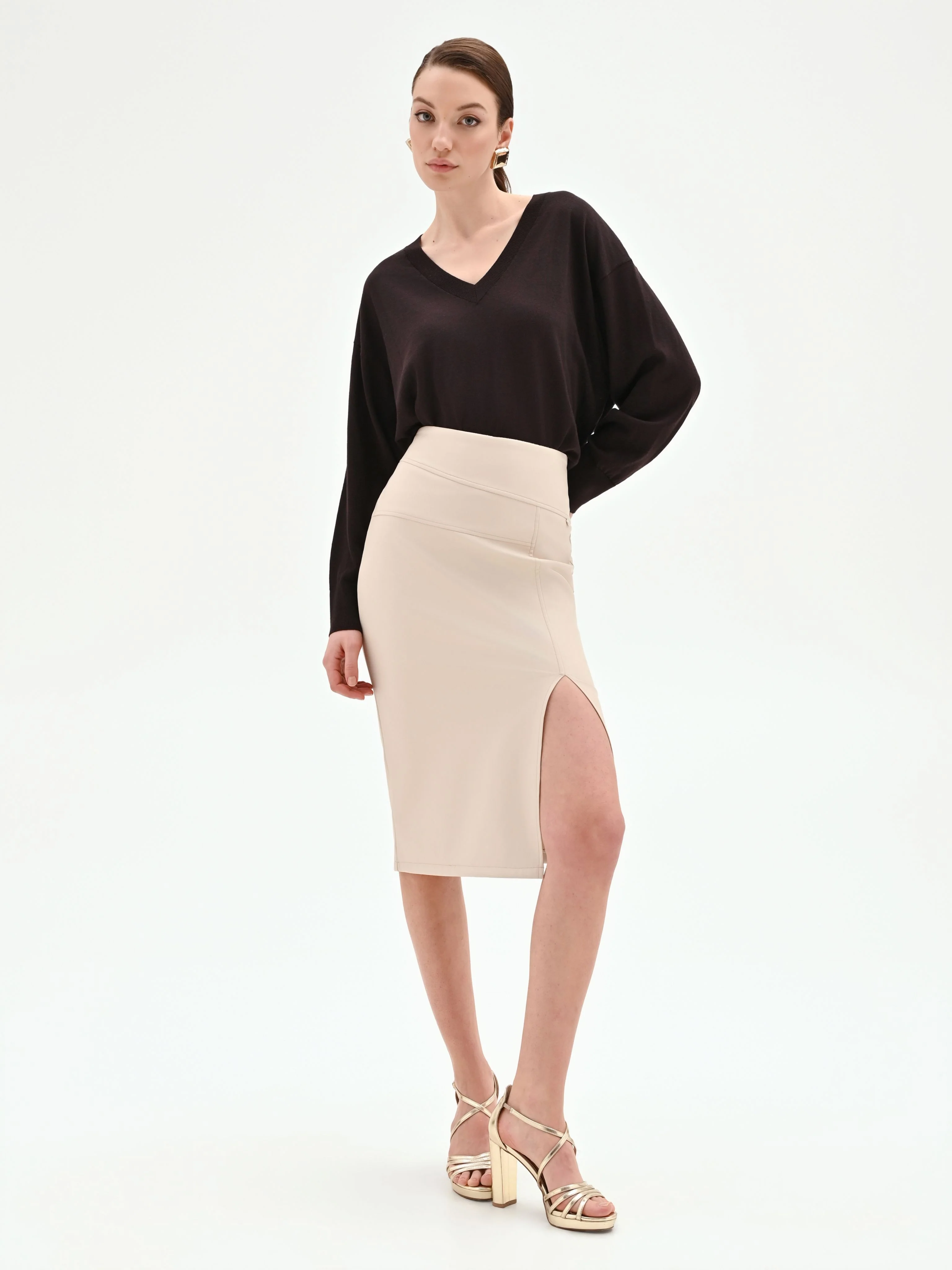 Gonna longuette tortora beige in similpelle - Image 5