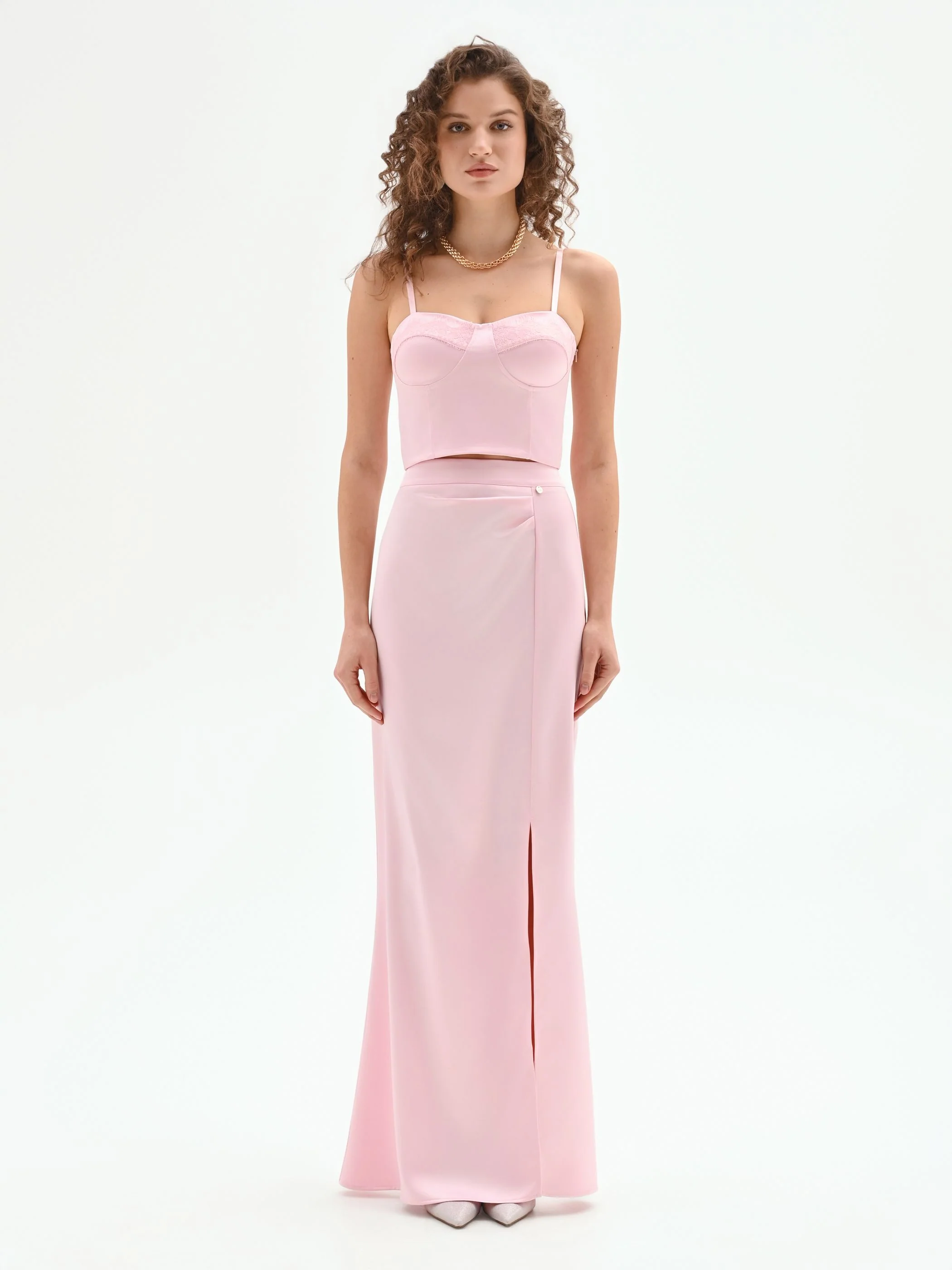 Gonna lunga rosa pastello in raso