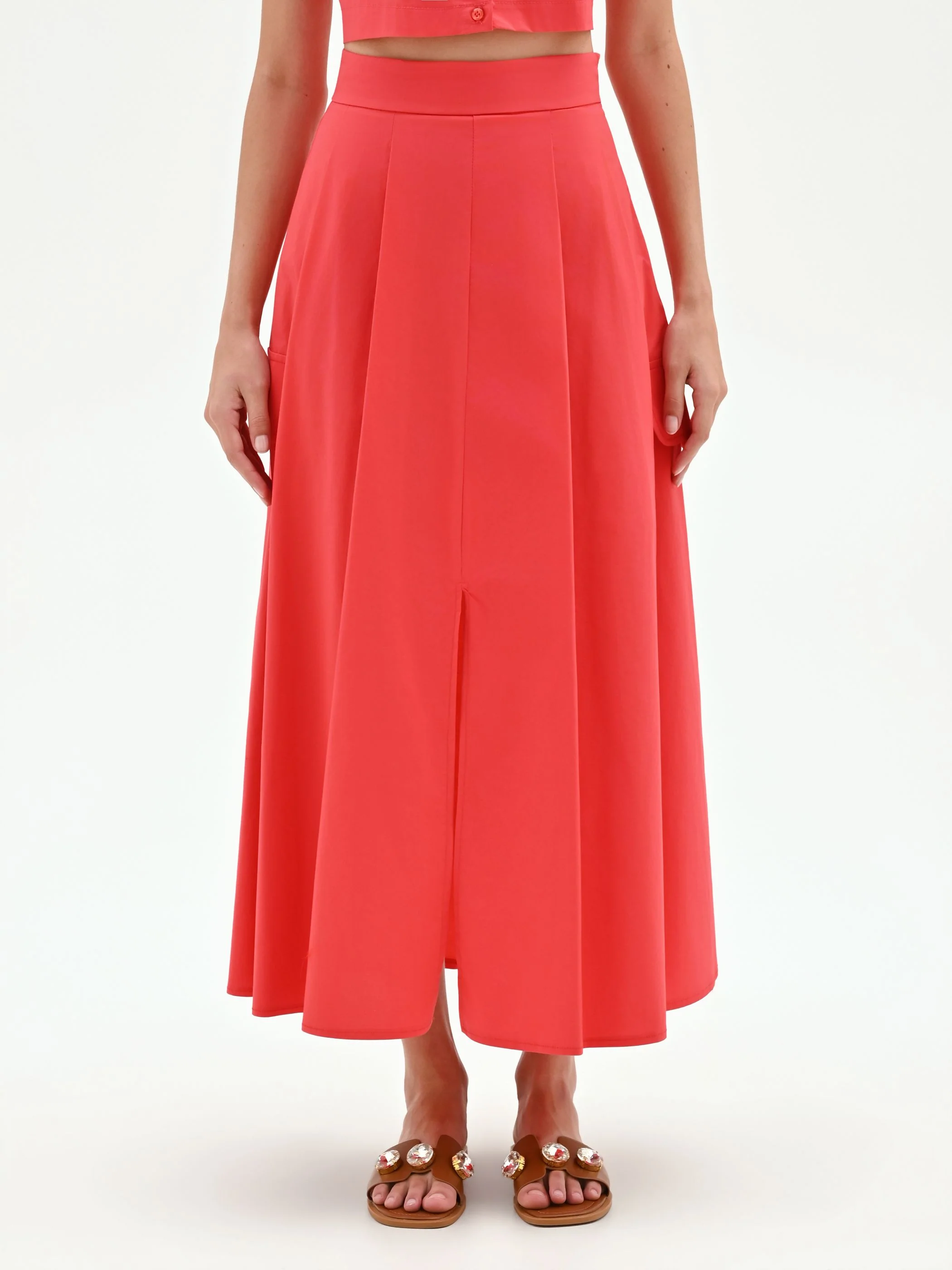 Gonna lunga rosso fragola con piegoni - Image 3