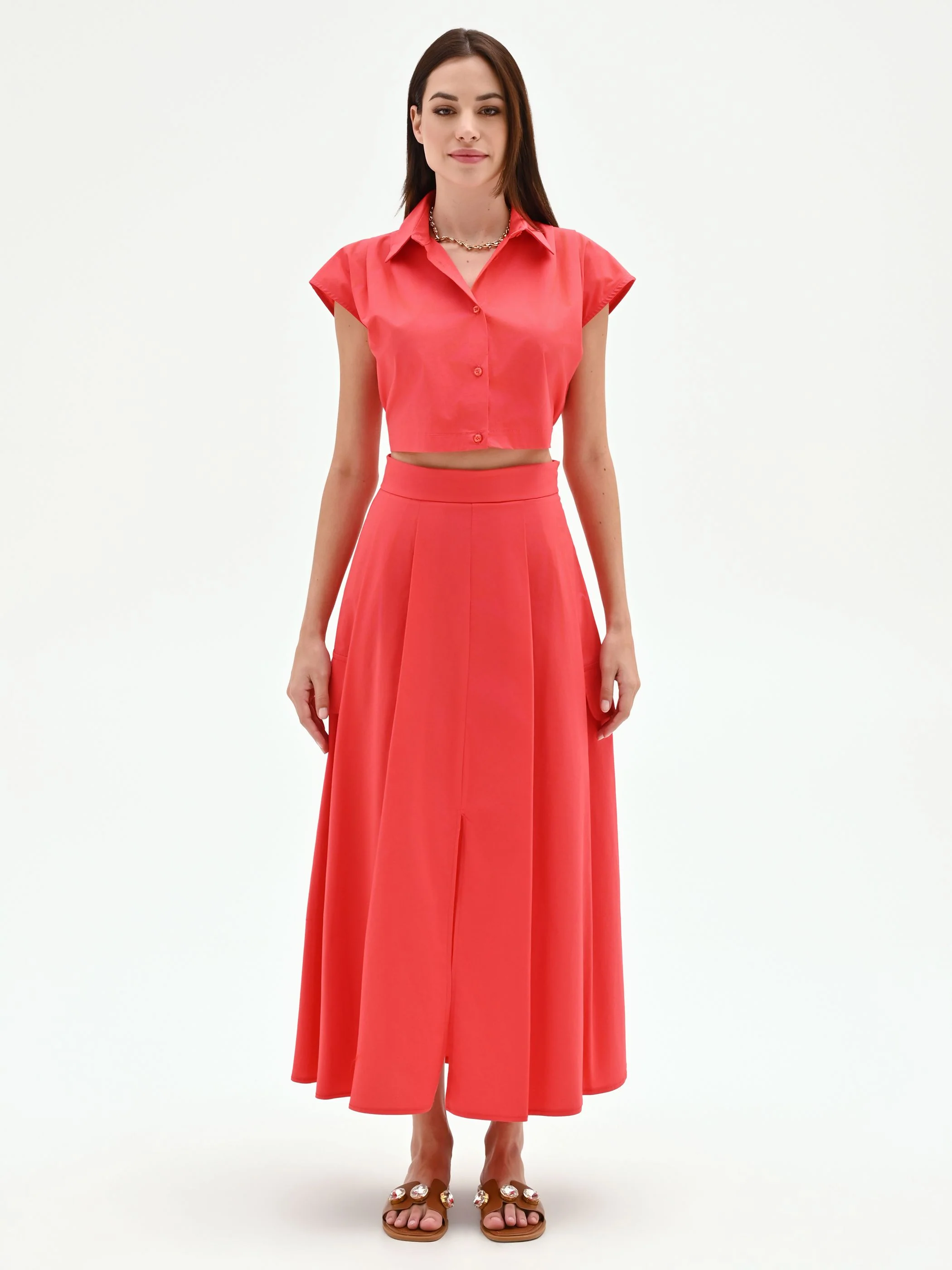 Gonna lunga rosso fragola con piegoni - Image 4