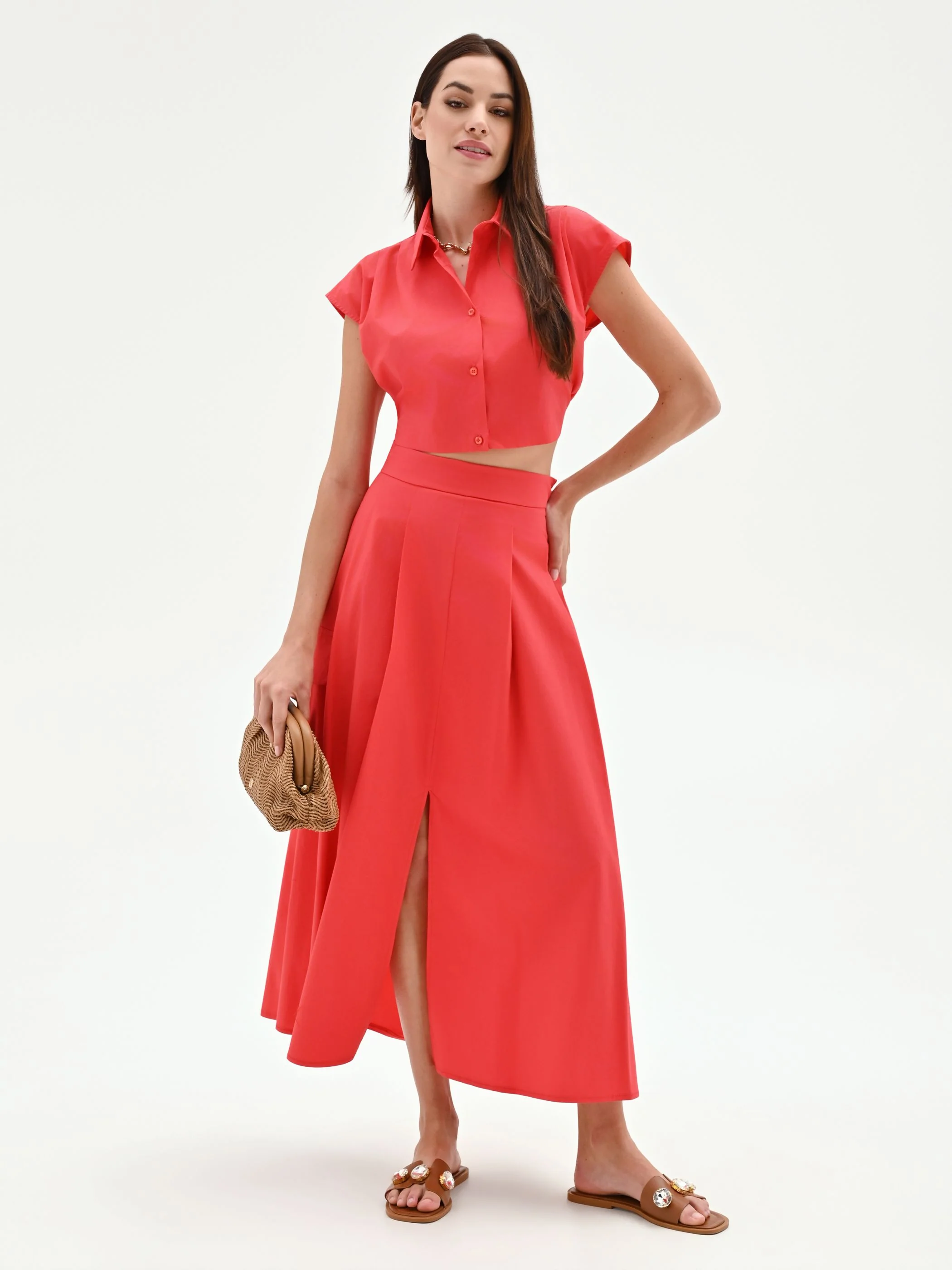 Gonna lunga rosso fragola con piegoni - Image 6
