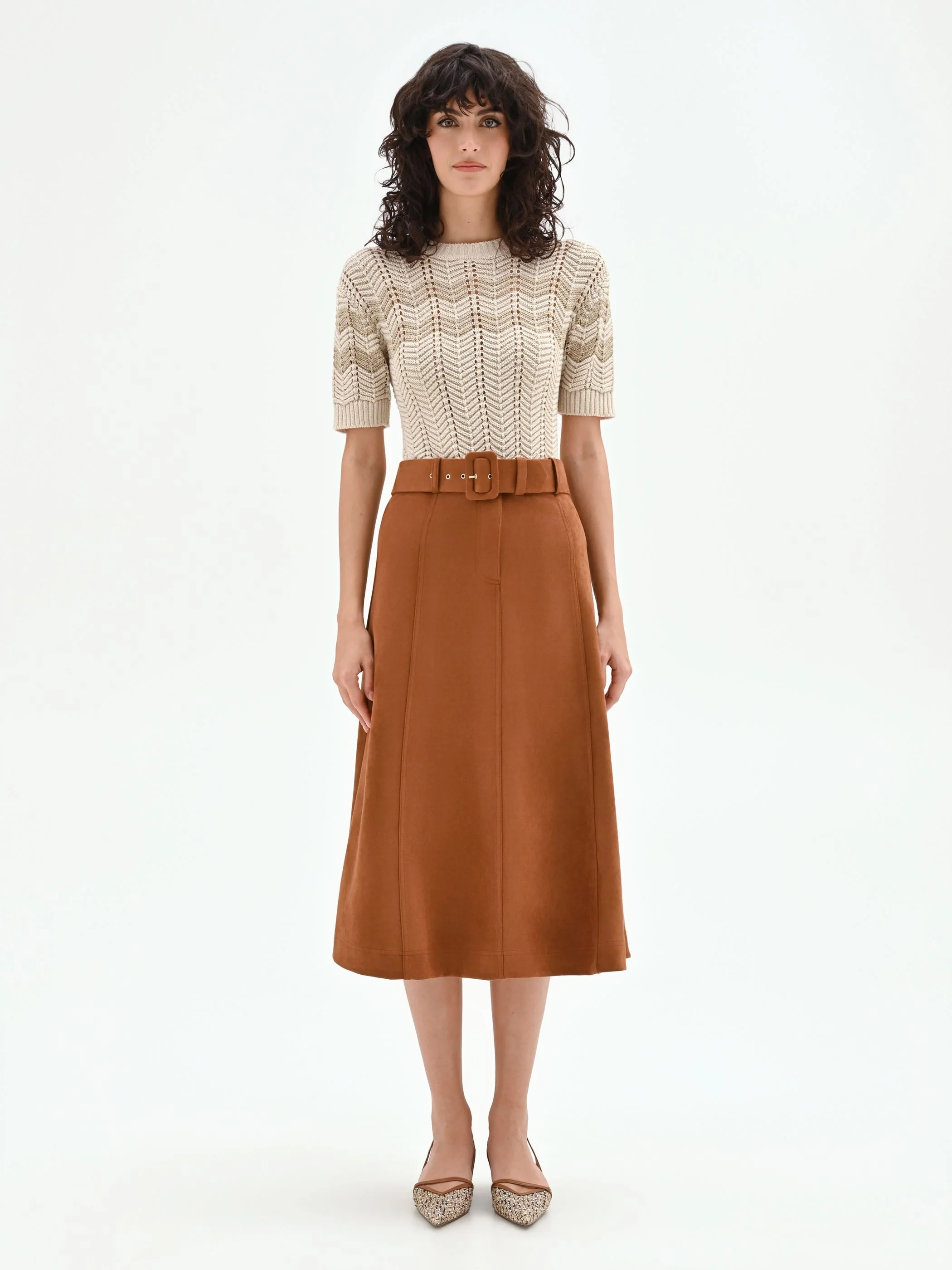 Gonna midi cammello beige effetto camoscio - Image 2