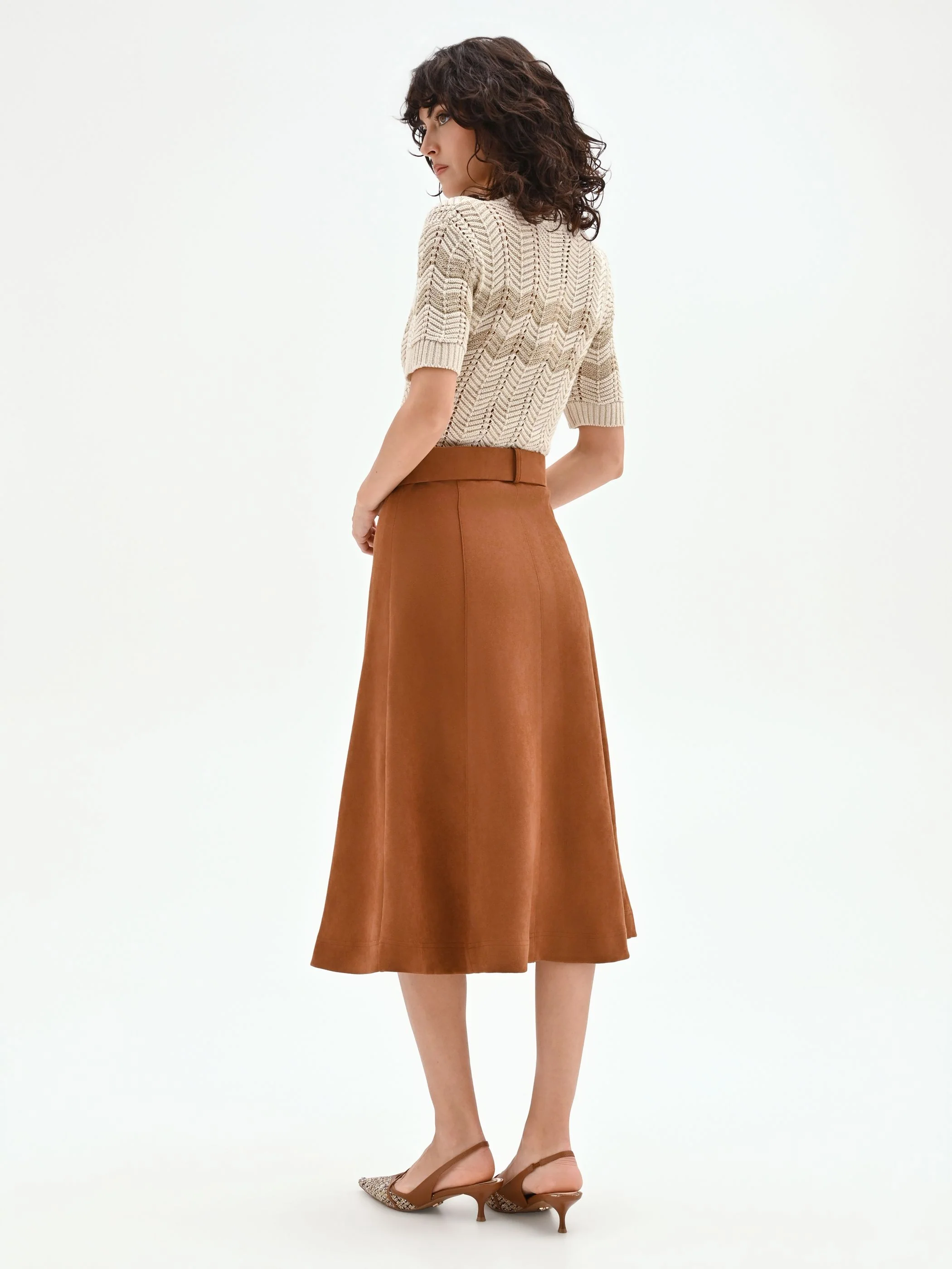Gonna midi cammello beige effetto camoscio - Image 3