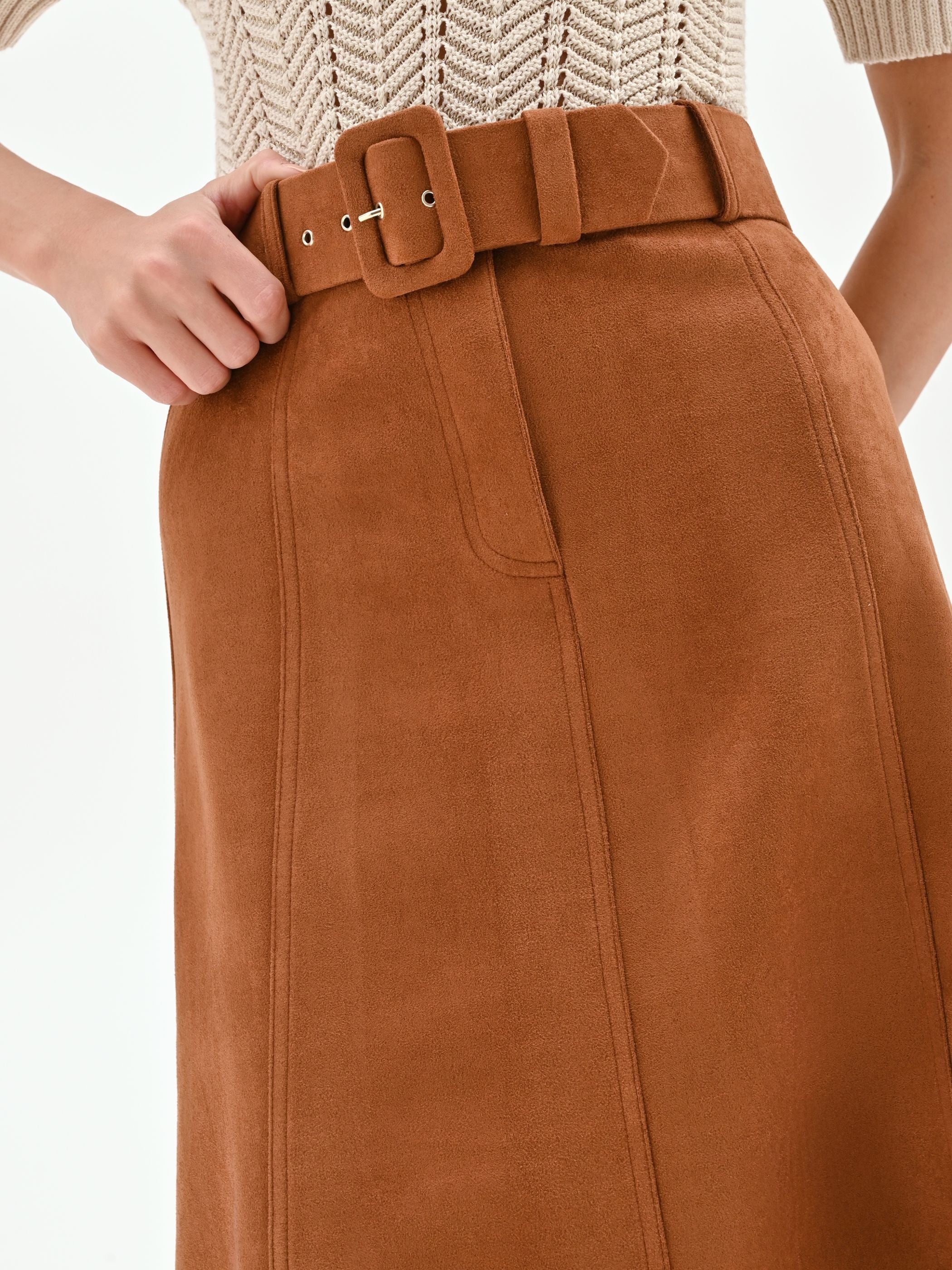Gonna midi cammello beige effetto camoscio - Image 4