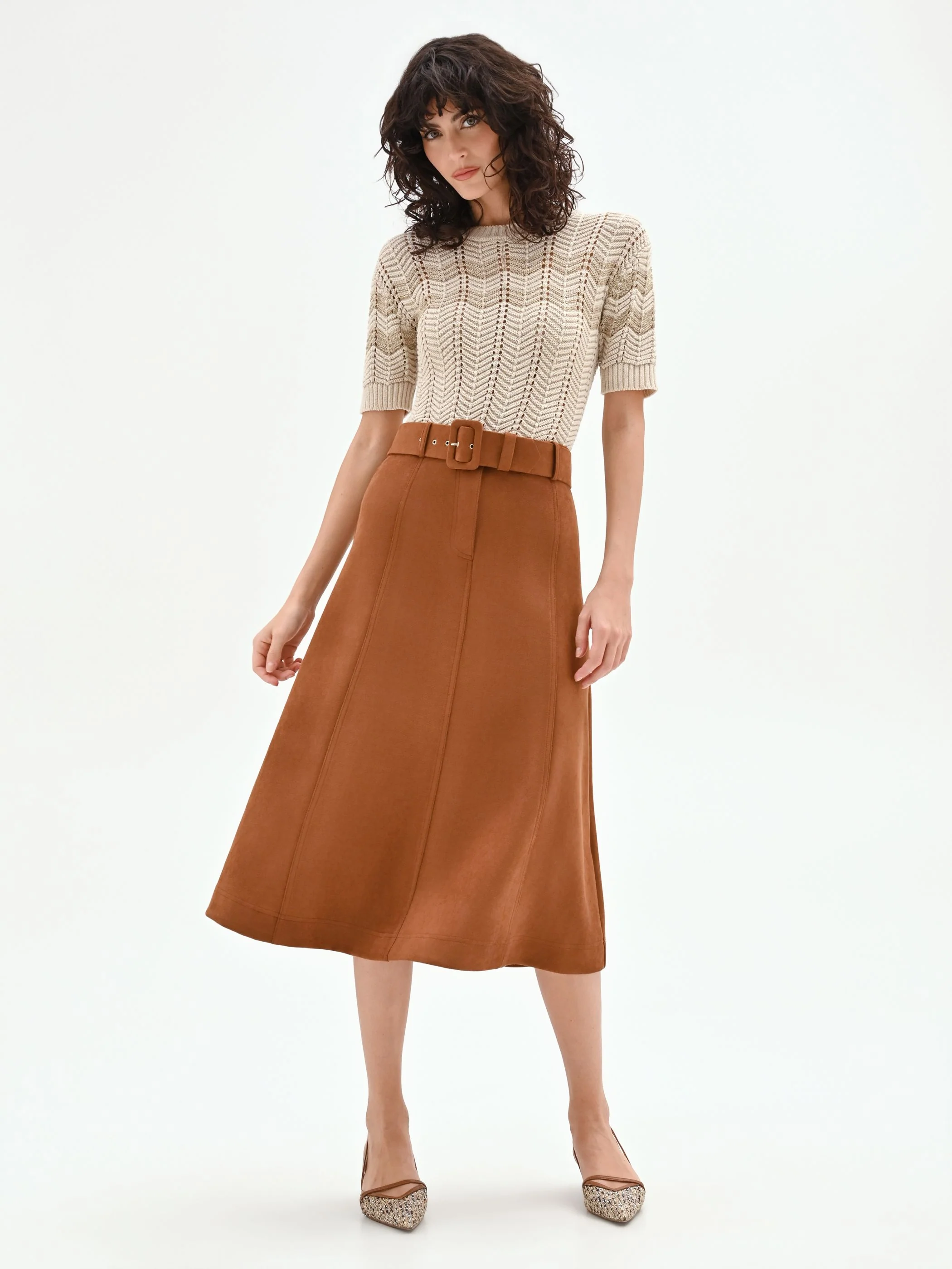 Gonna midi cammello beige effetto camoscio - Image 5