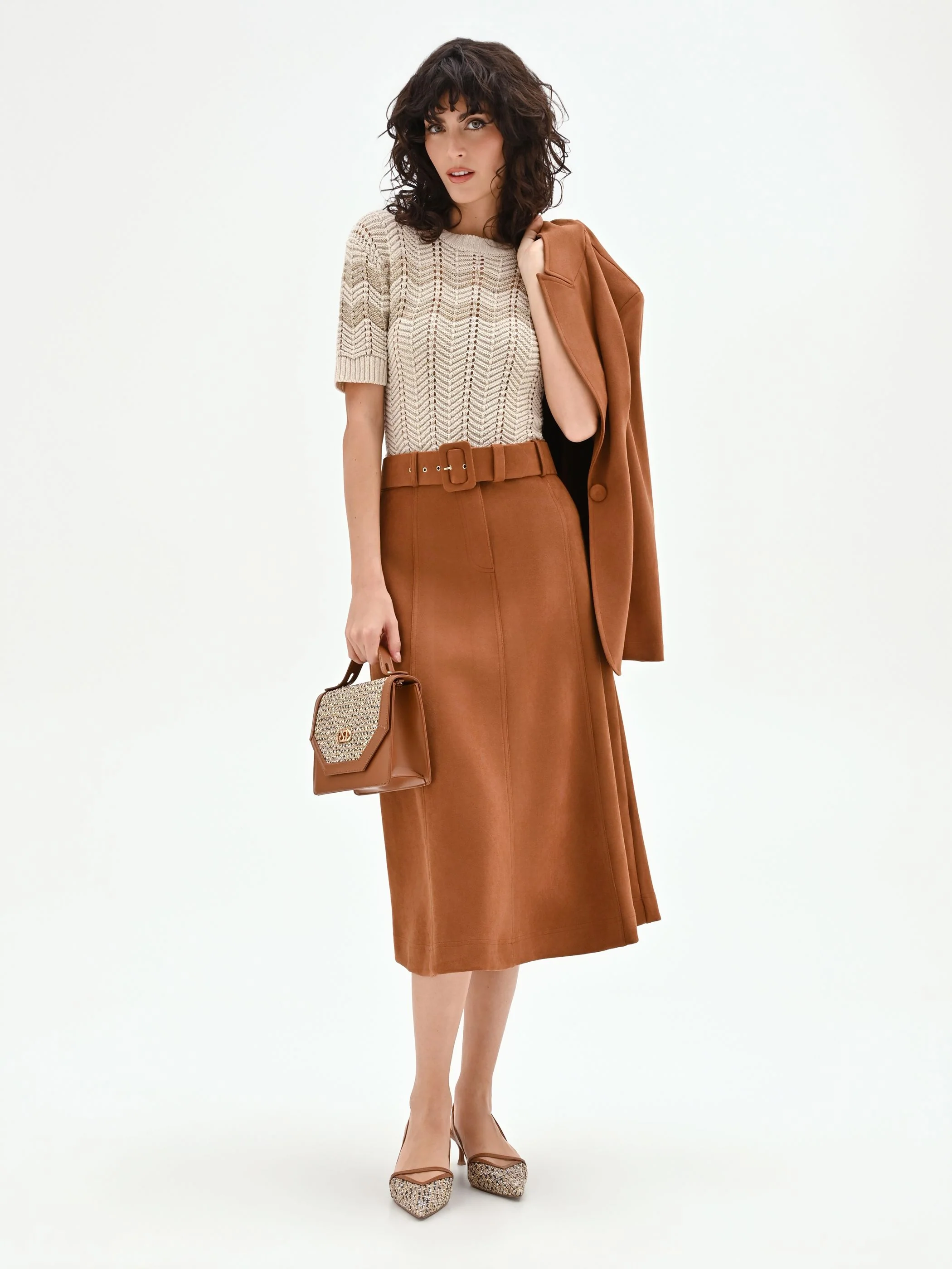 Gonna midi cammello beige effetto camoscio - Image 7