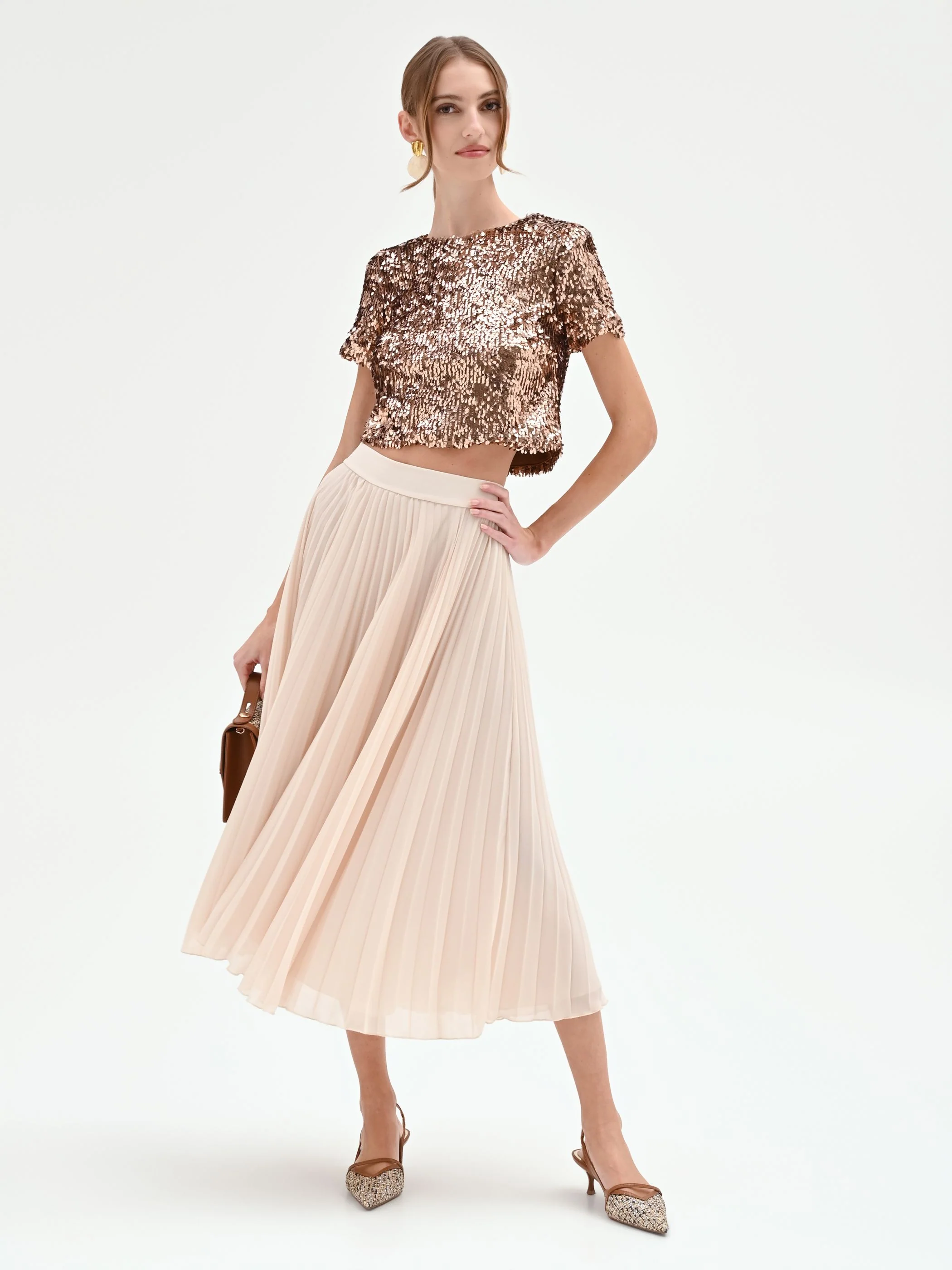 Gonna midi plissettata beige chiaro - Image 7
