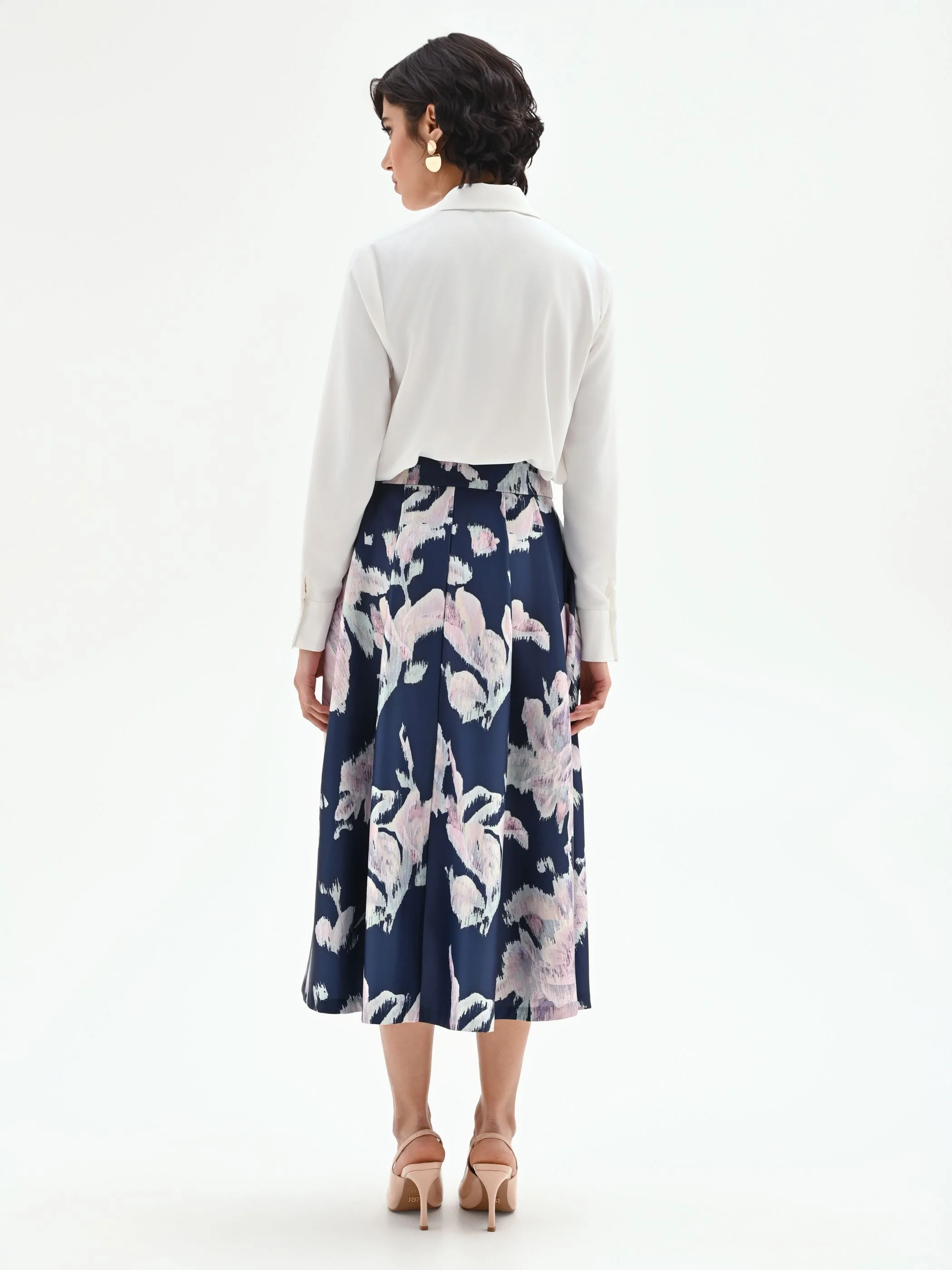 Gonna midi svasata in duchesse a fiori blu brillante - Image 4