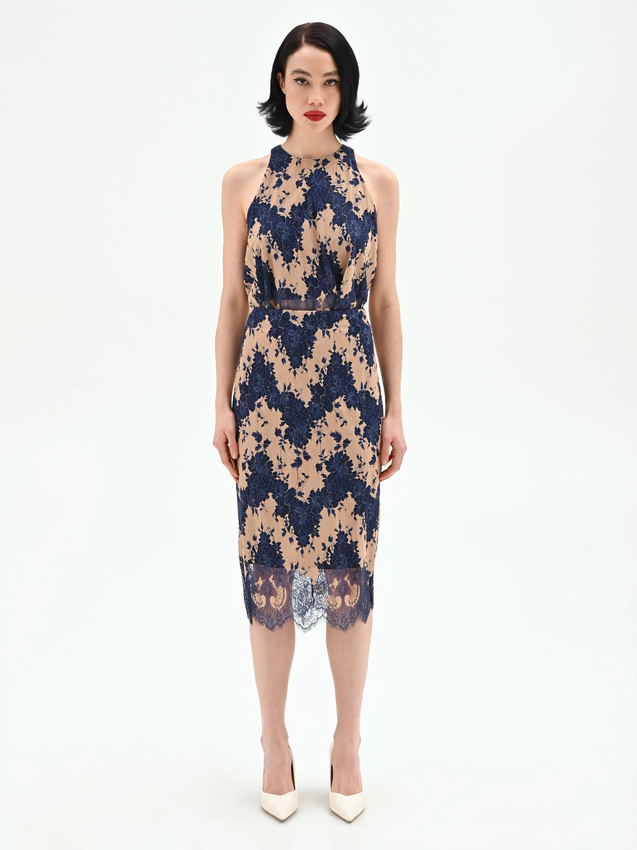 Gonna tubino blu in pizzo macramé bicolore