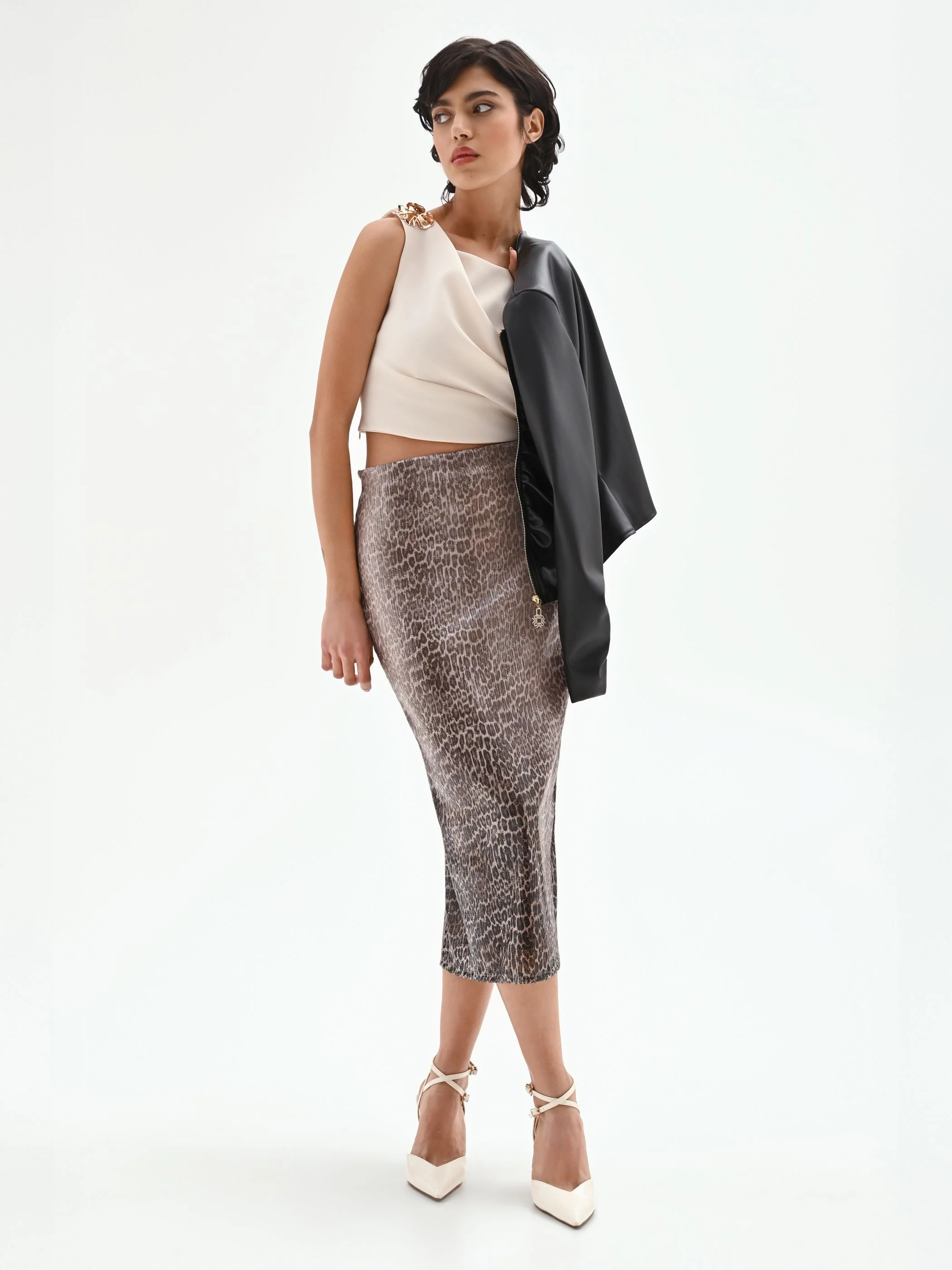 Gonna tubino paillettes animalier tortora beige - Image 7