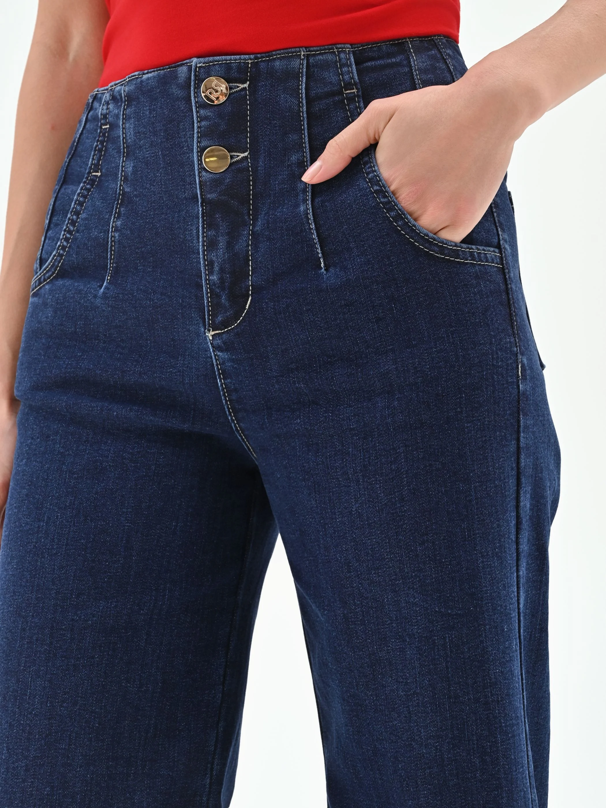 Jeans palazzo blu a vita alta - Image 4