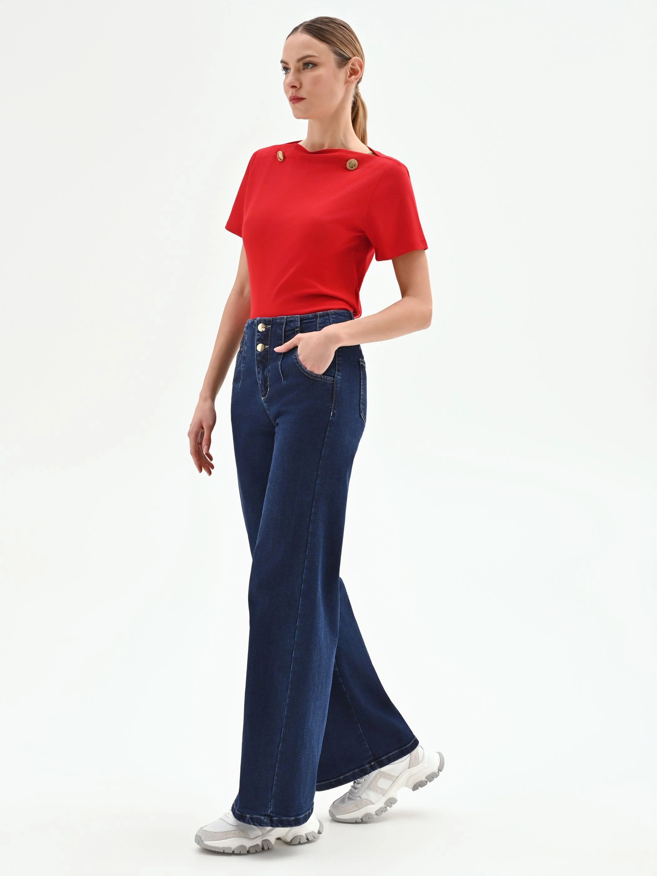 Jeans palazzo blu a vita alta - Image 5