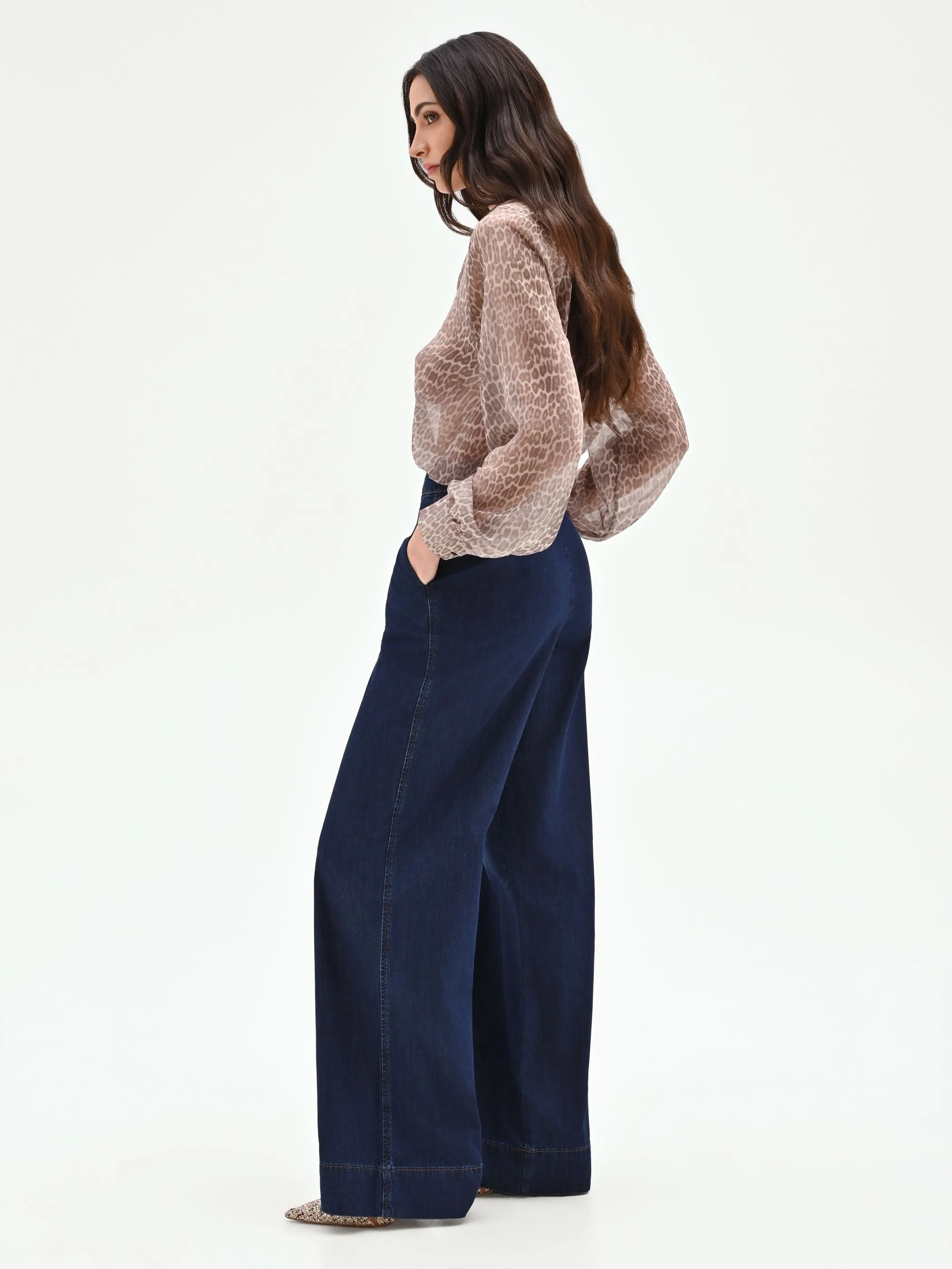 Jeans palazzo blu a vita alta - Image 5