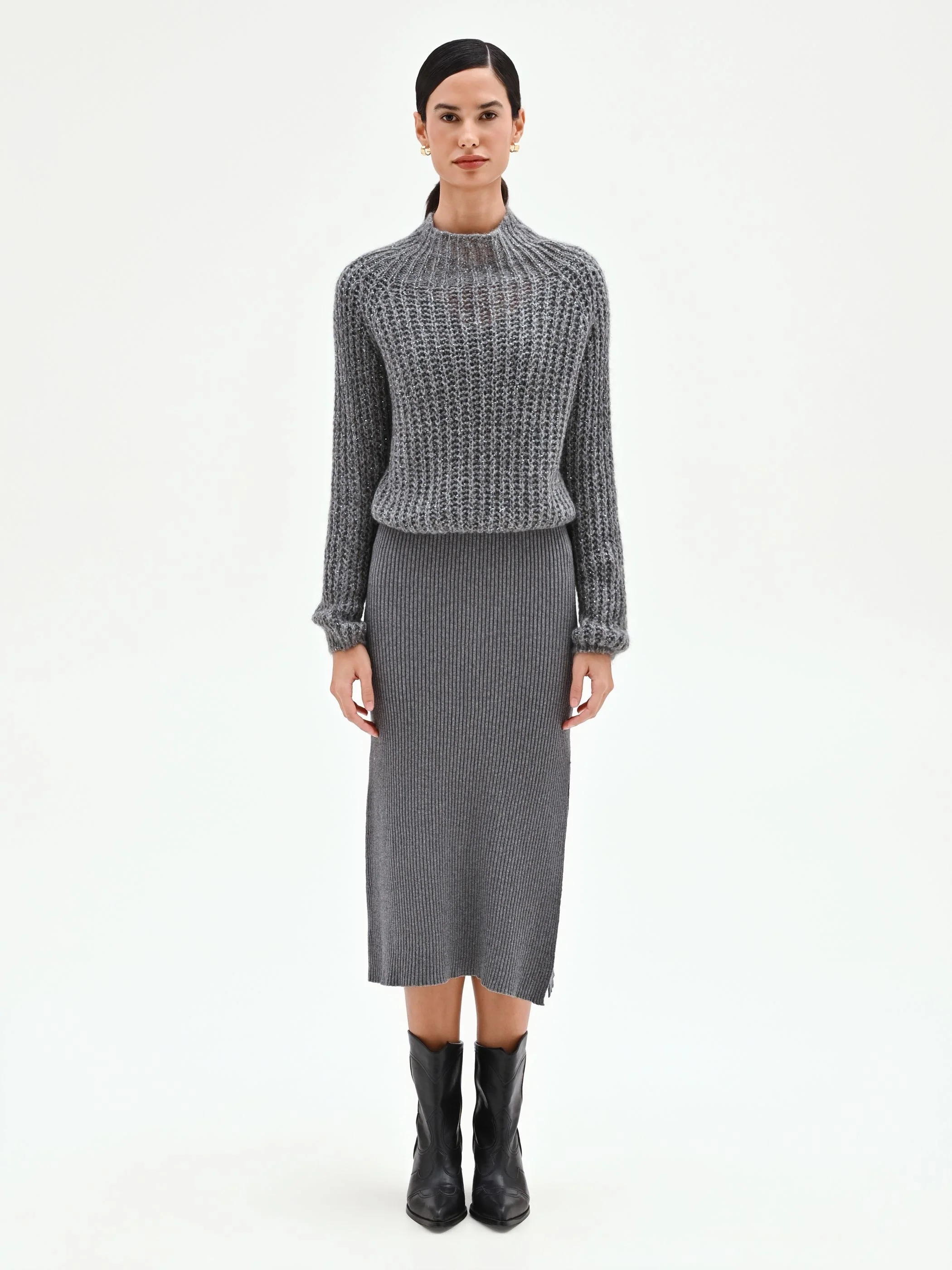 Maglia a collo alto grigia con filato lurex - Image 3