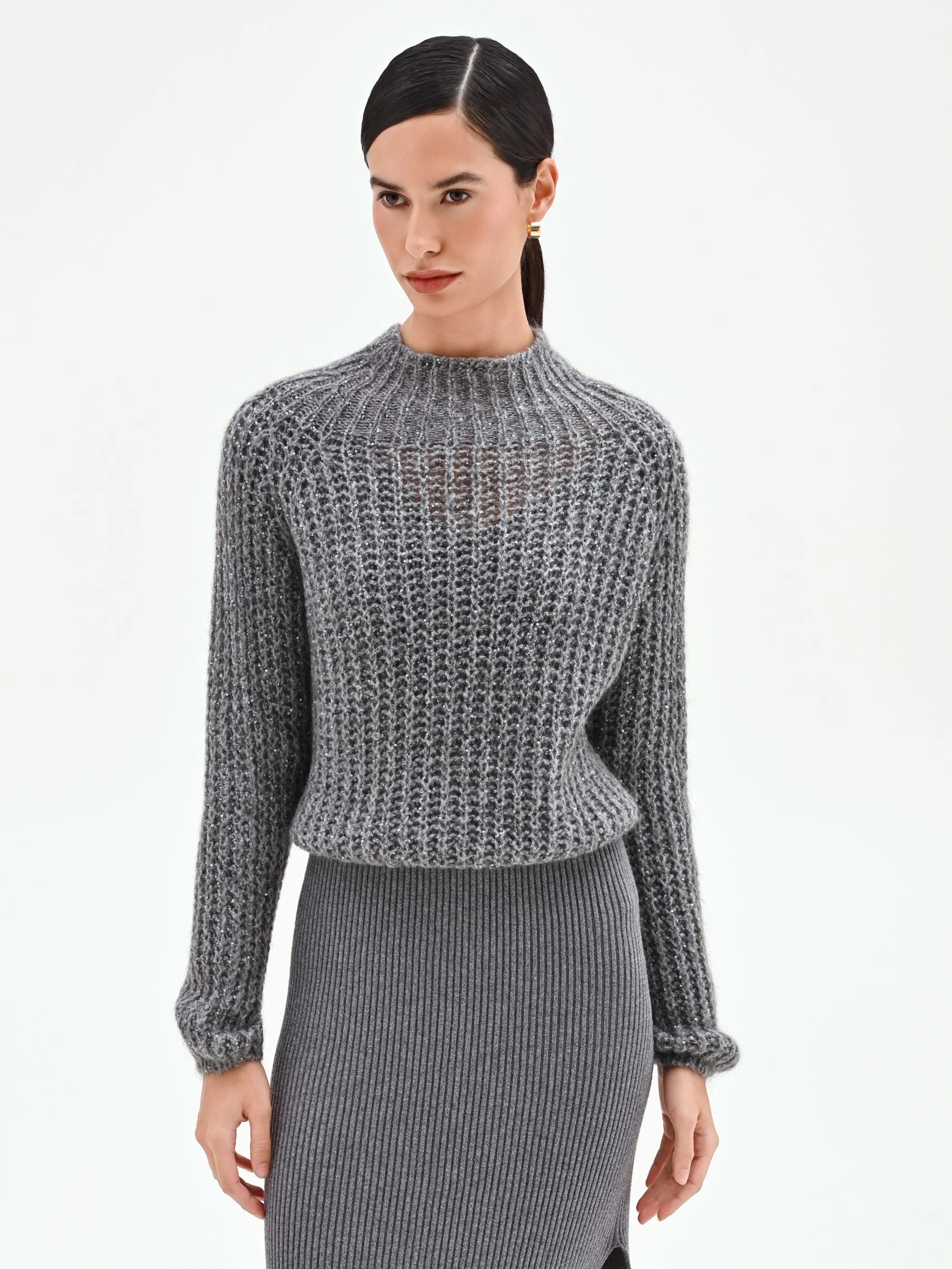 Maglia a collo alto grigia con filato lurex - Image 6
