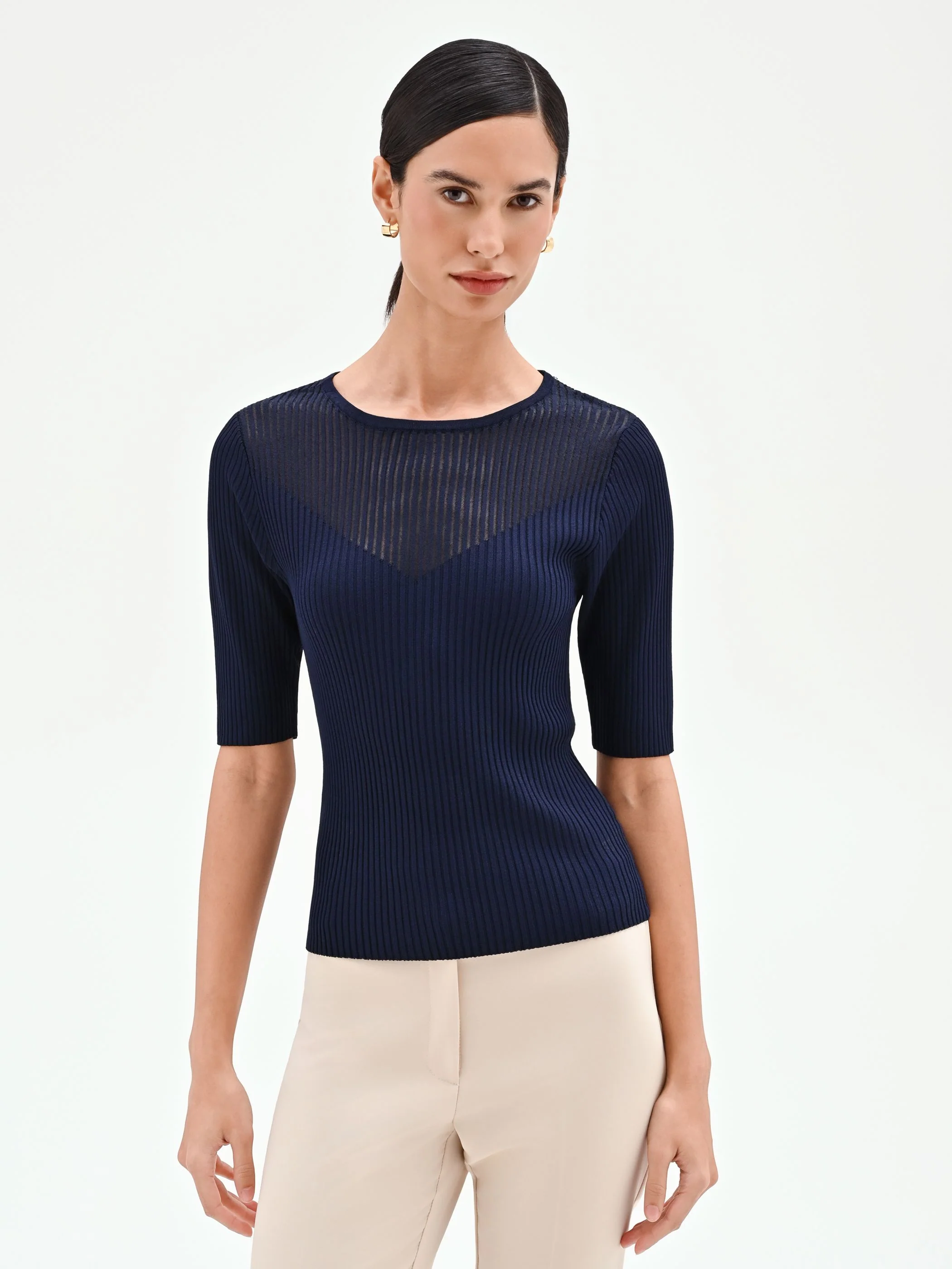 Maglia blu navy a costine con gioco di trasparenze - Image 5