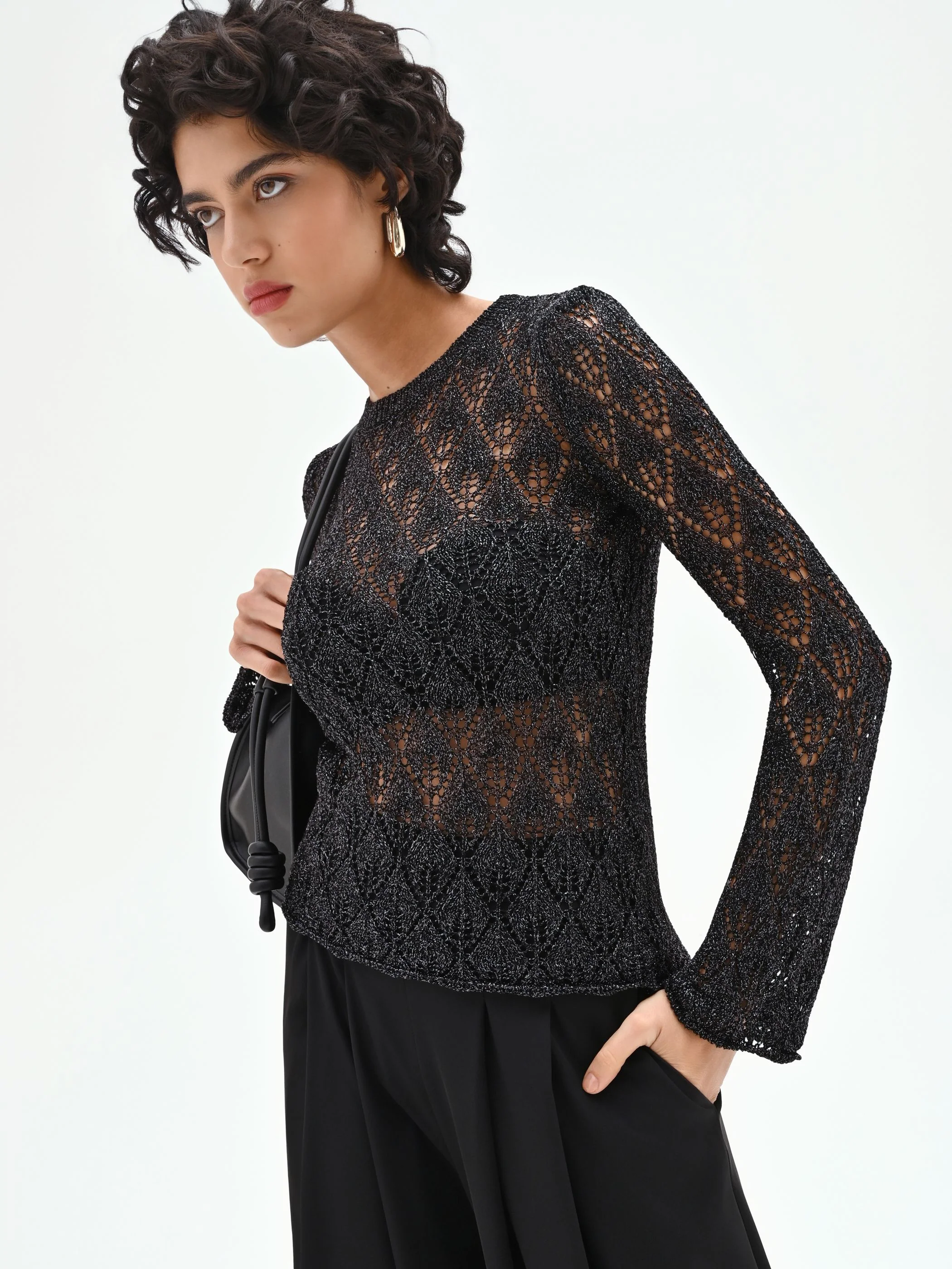 Maglia nera con lavorazione traforata e lurex - Image 7