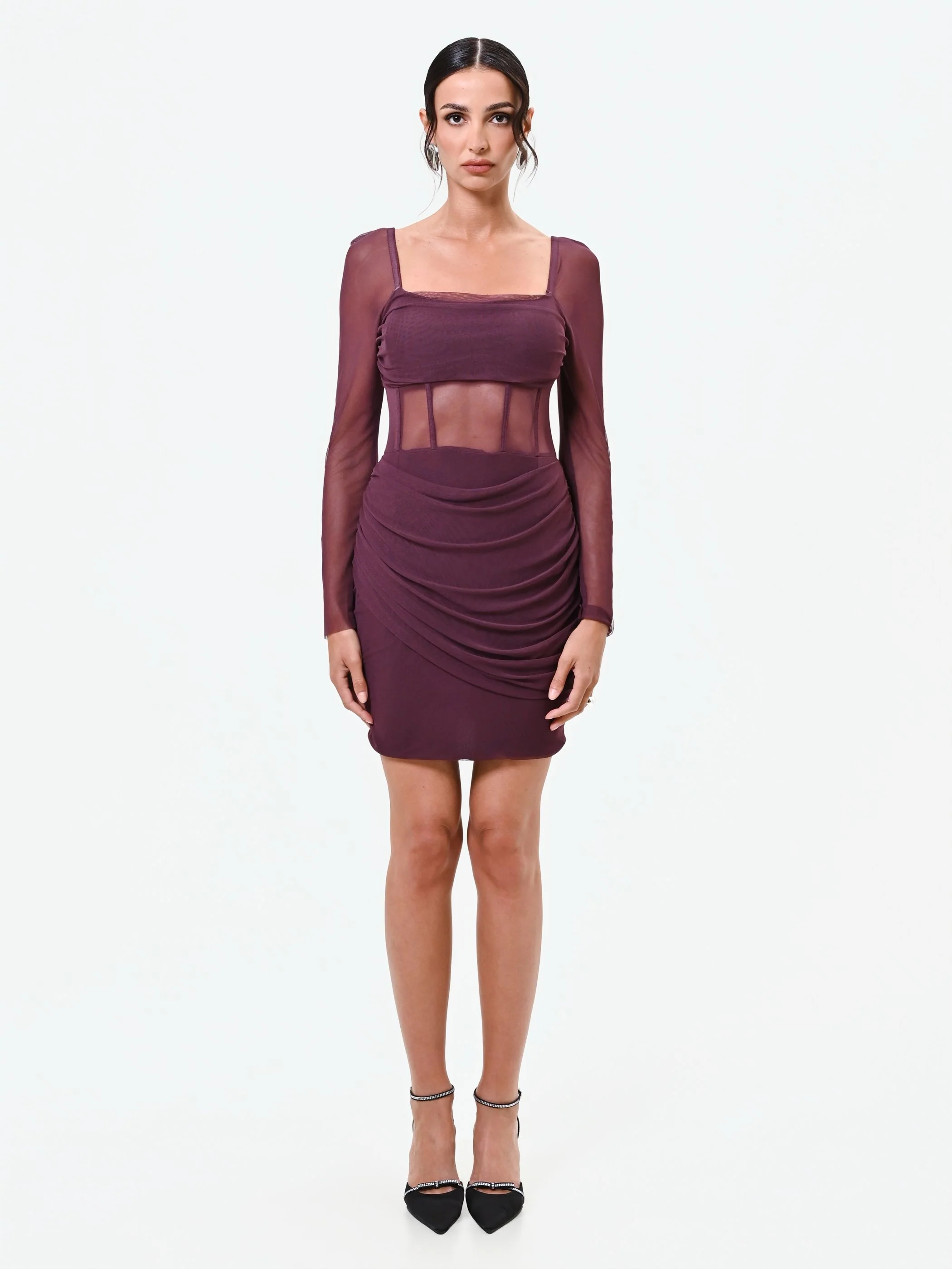 Mini abito bordeaux rosso in tulle con corpetto steccato - Image 3