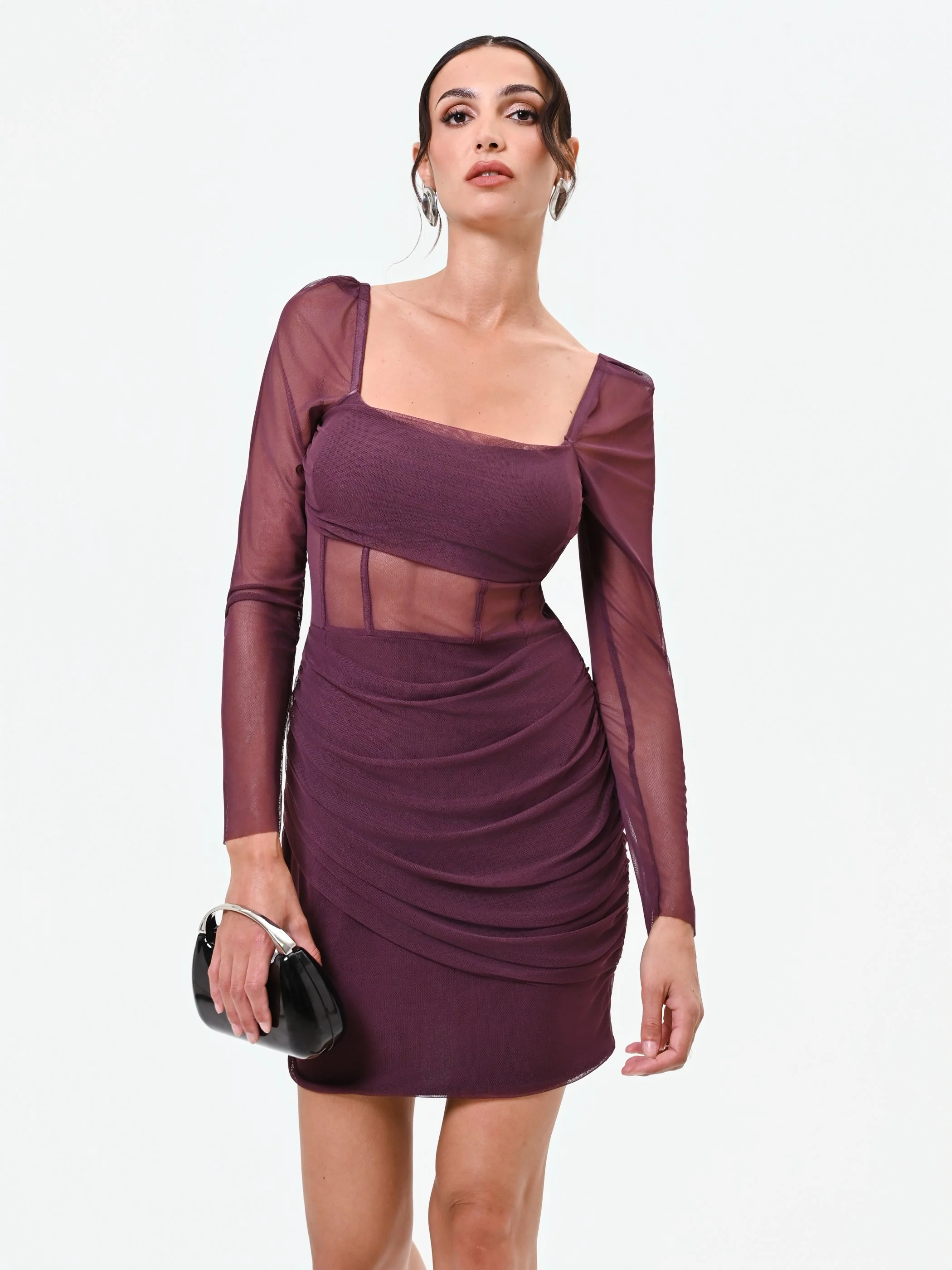 Mini abito bordeaux rosso in tulle con corpetto steccato - Image 5