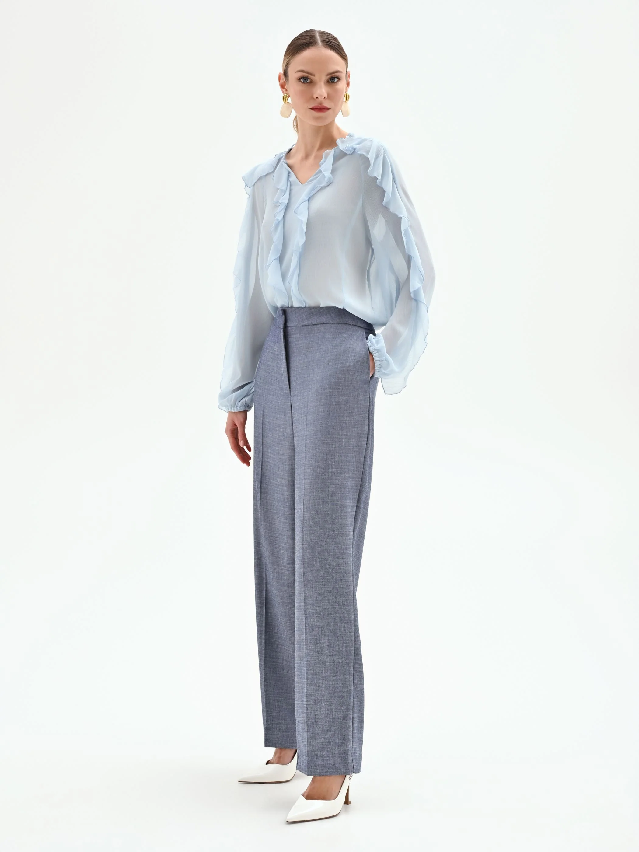 Pantalone a gamba ampia in chambray - Image 5