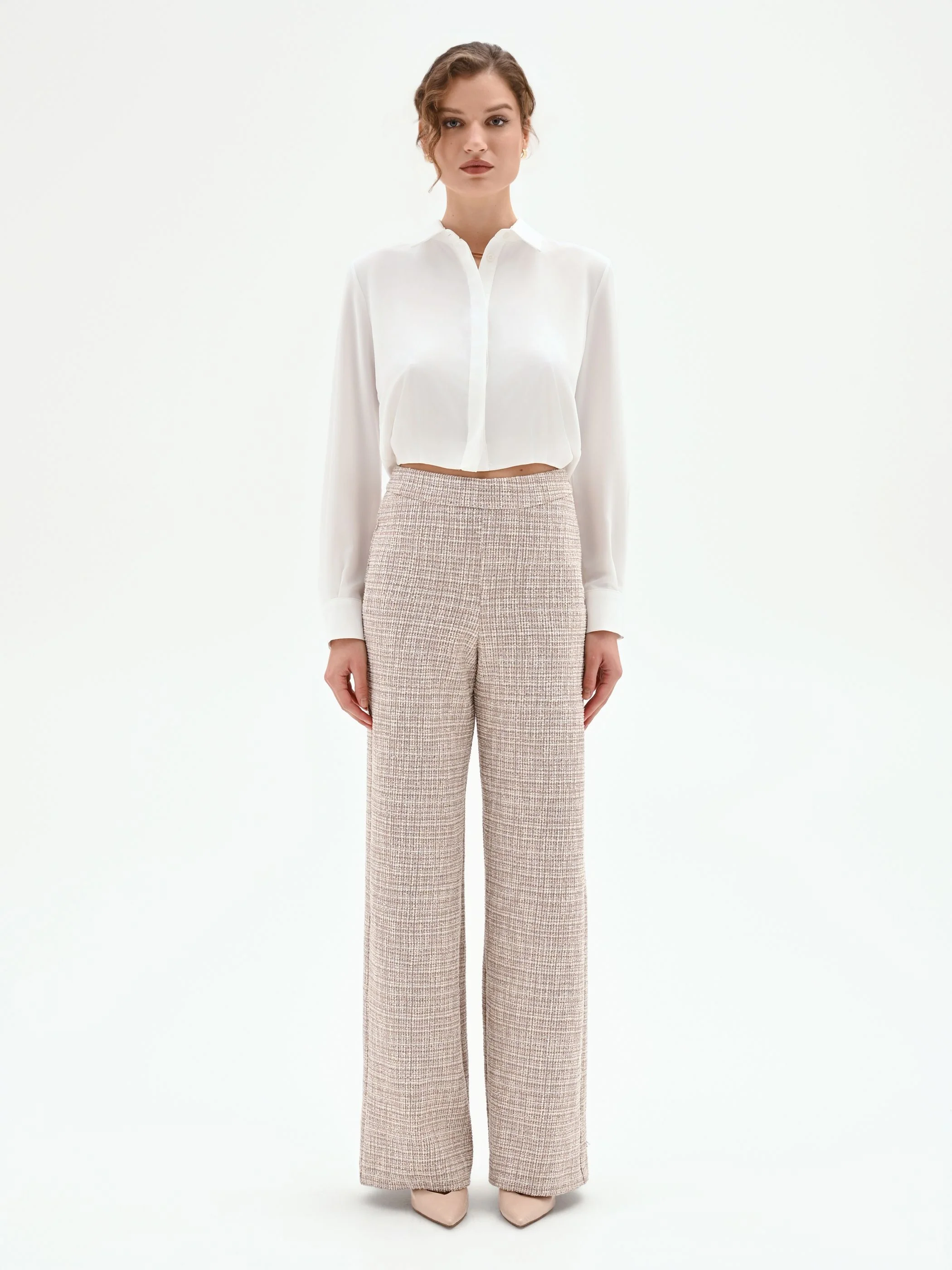 Pantalone a palazzo beige chiaro effetto tweed