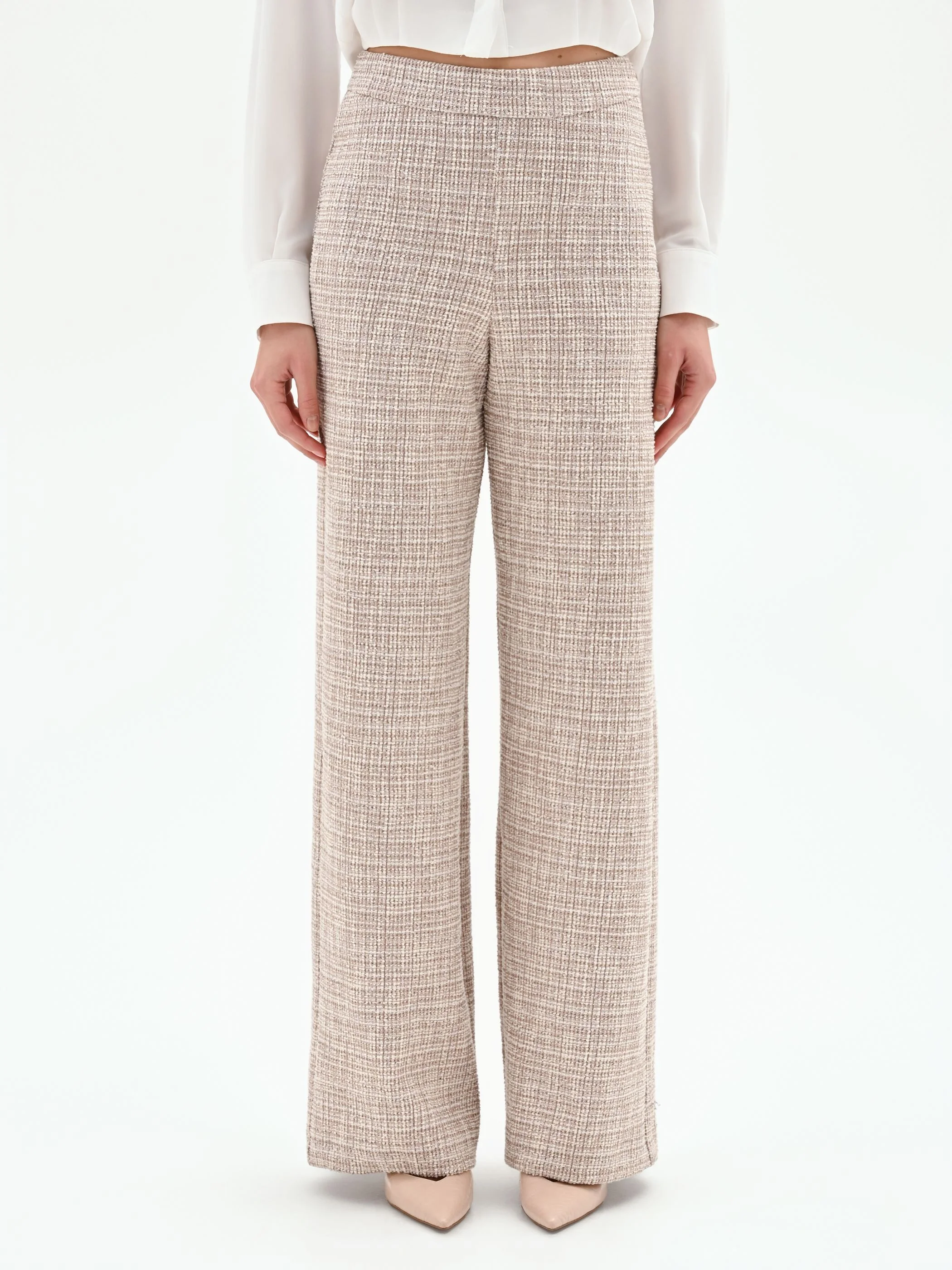 Pantalone a palazzo beige chiaro effetto tweed - Image 2