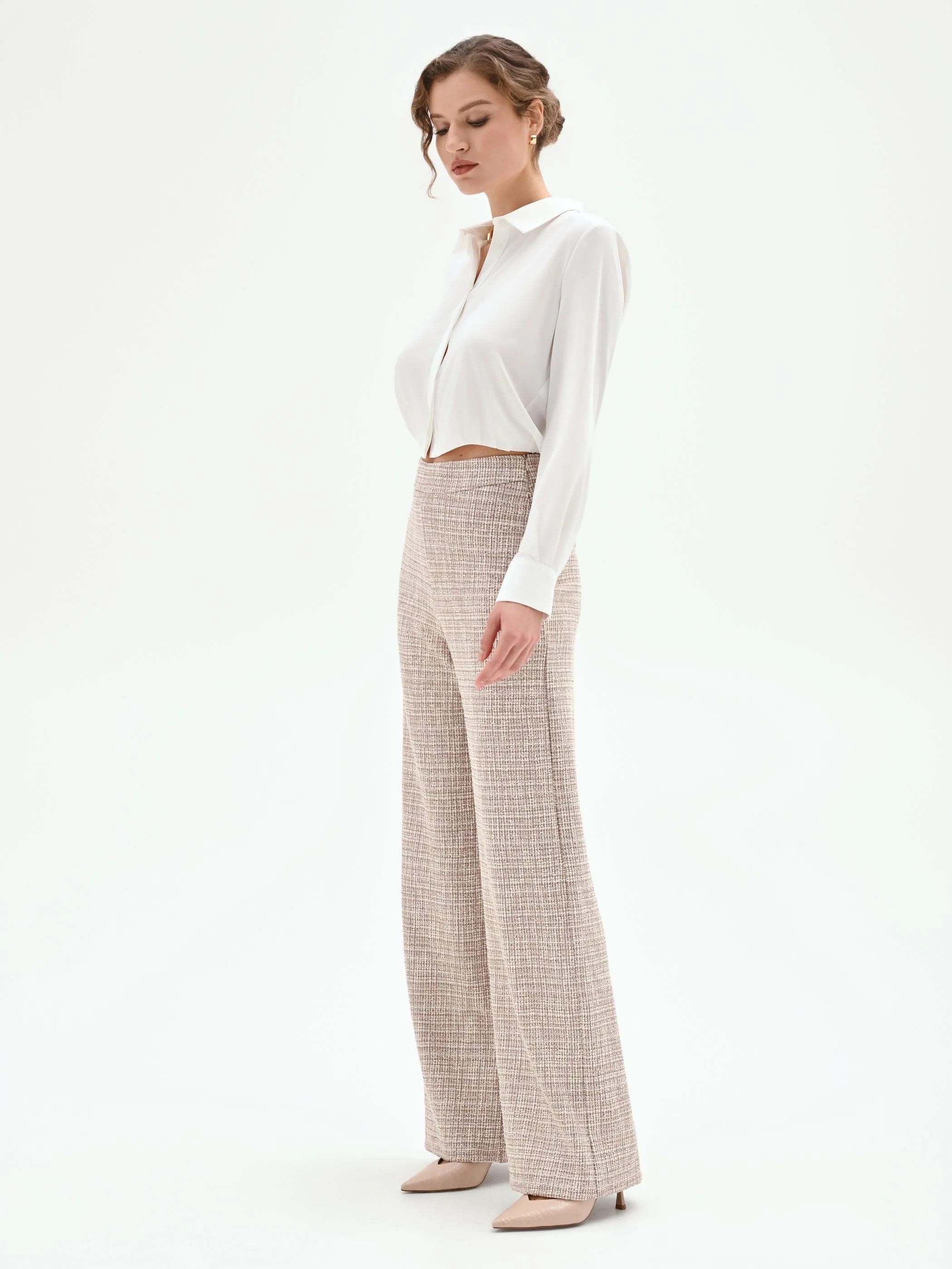 Pantalone a palazzo beige chiaro effetto tweed - Image 5