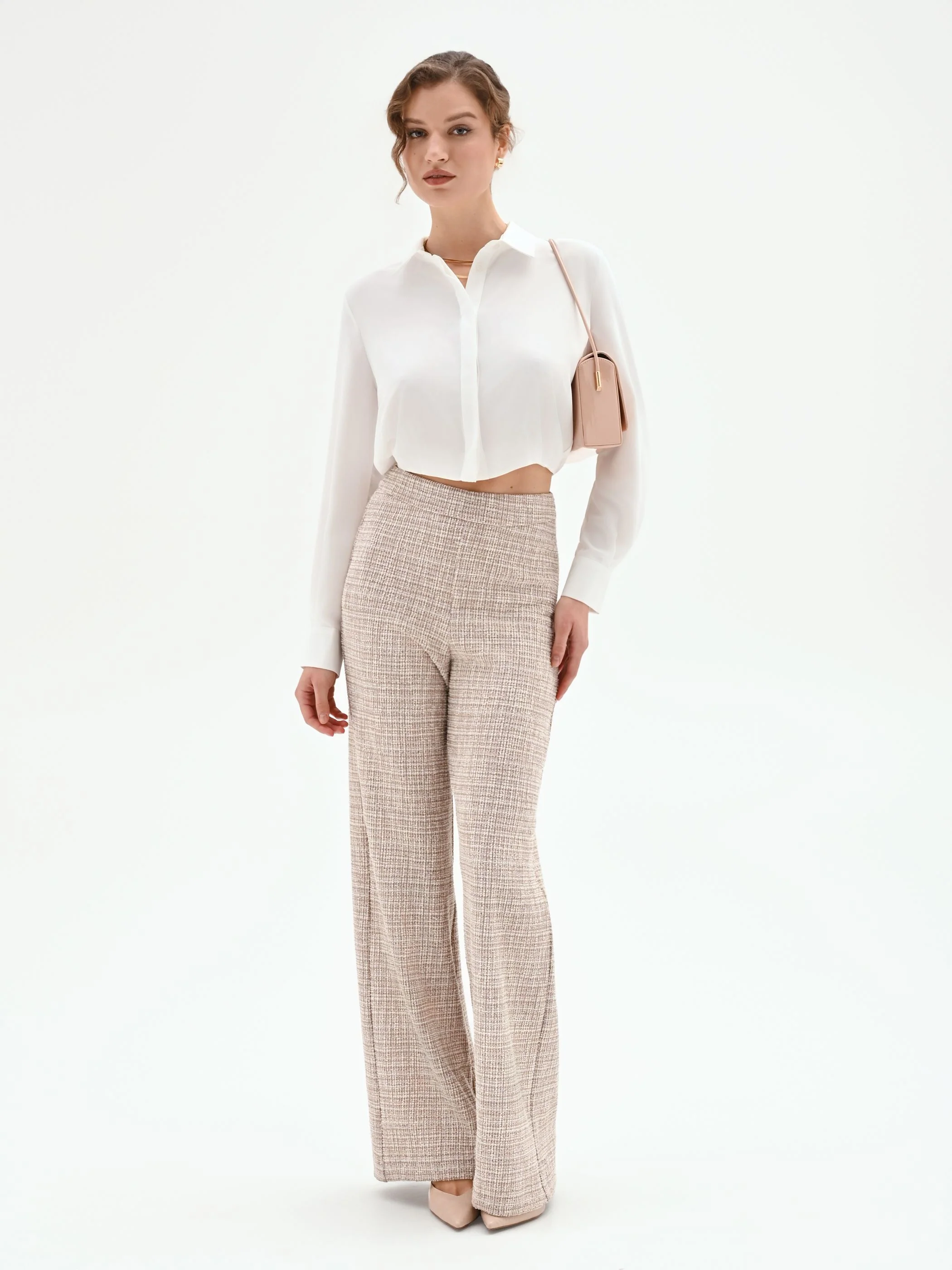 Pantalone a palazzo beige chiaro effetto tweed - Image 7
