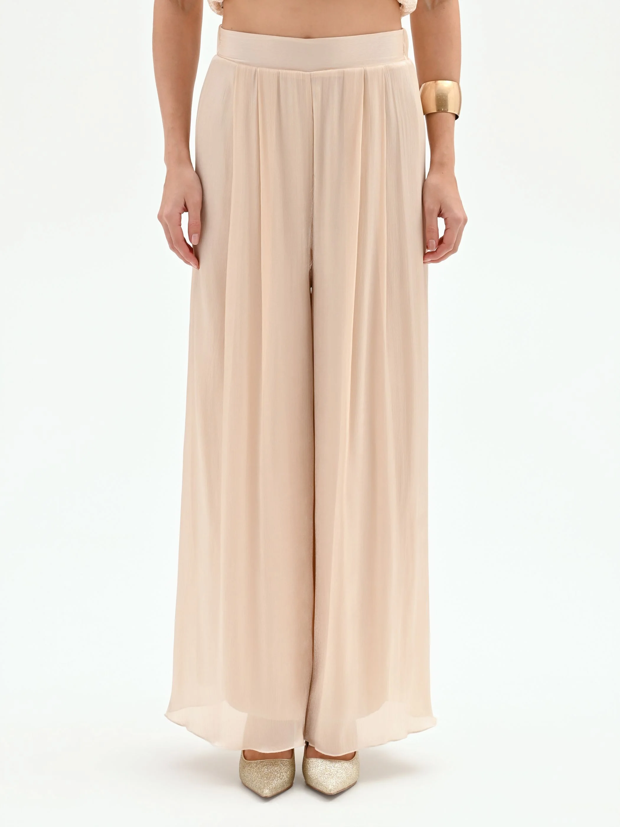Pantalone a palazzo beige chiaro in raso cangiante - Image 2