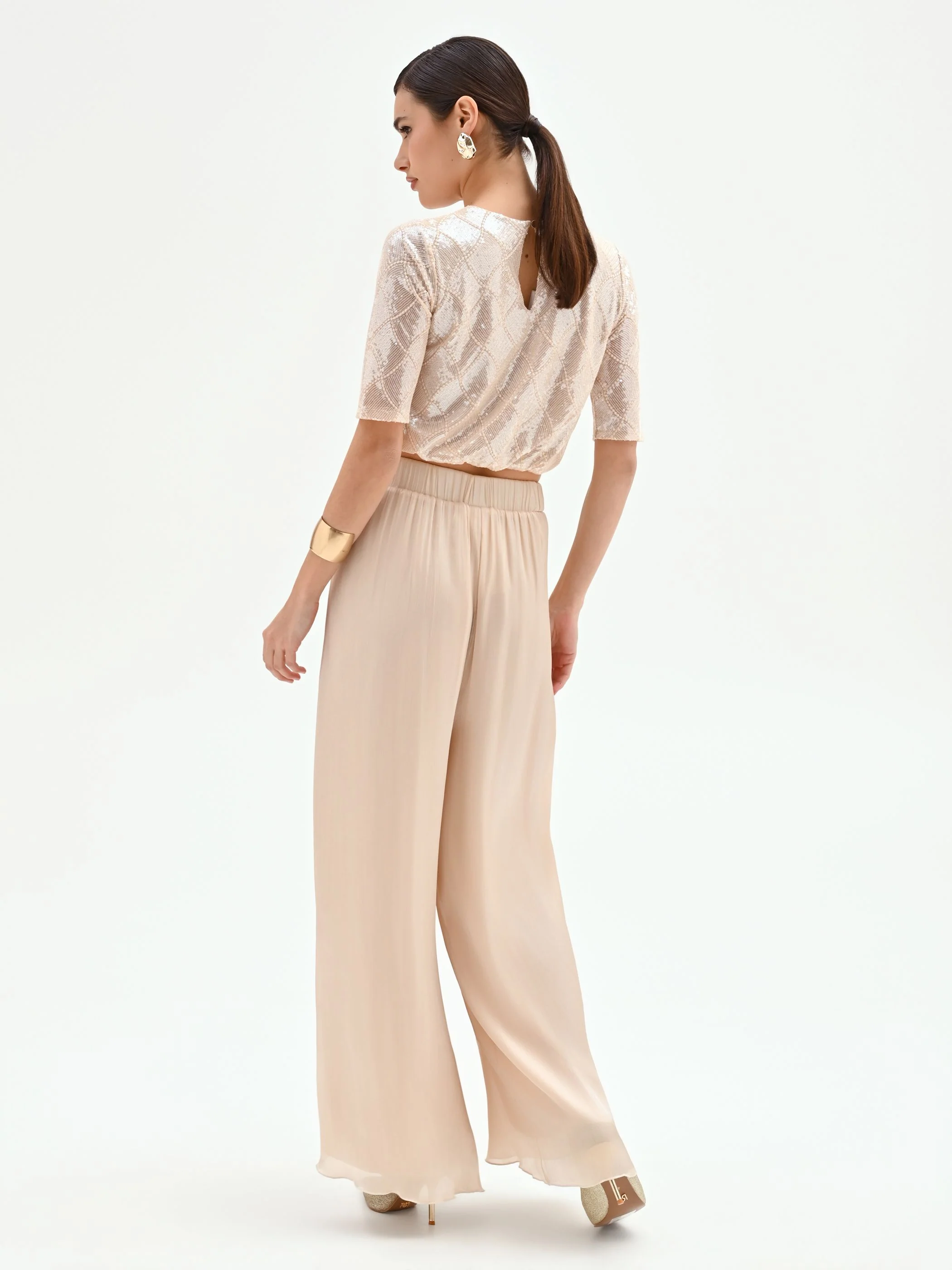 Pantalone a palazzo beige chiaro in raso cangiante - Image 3