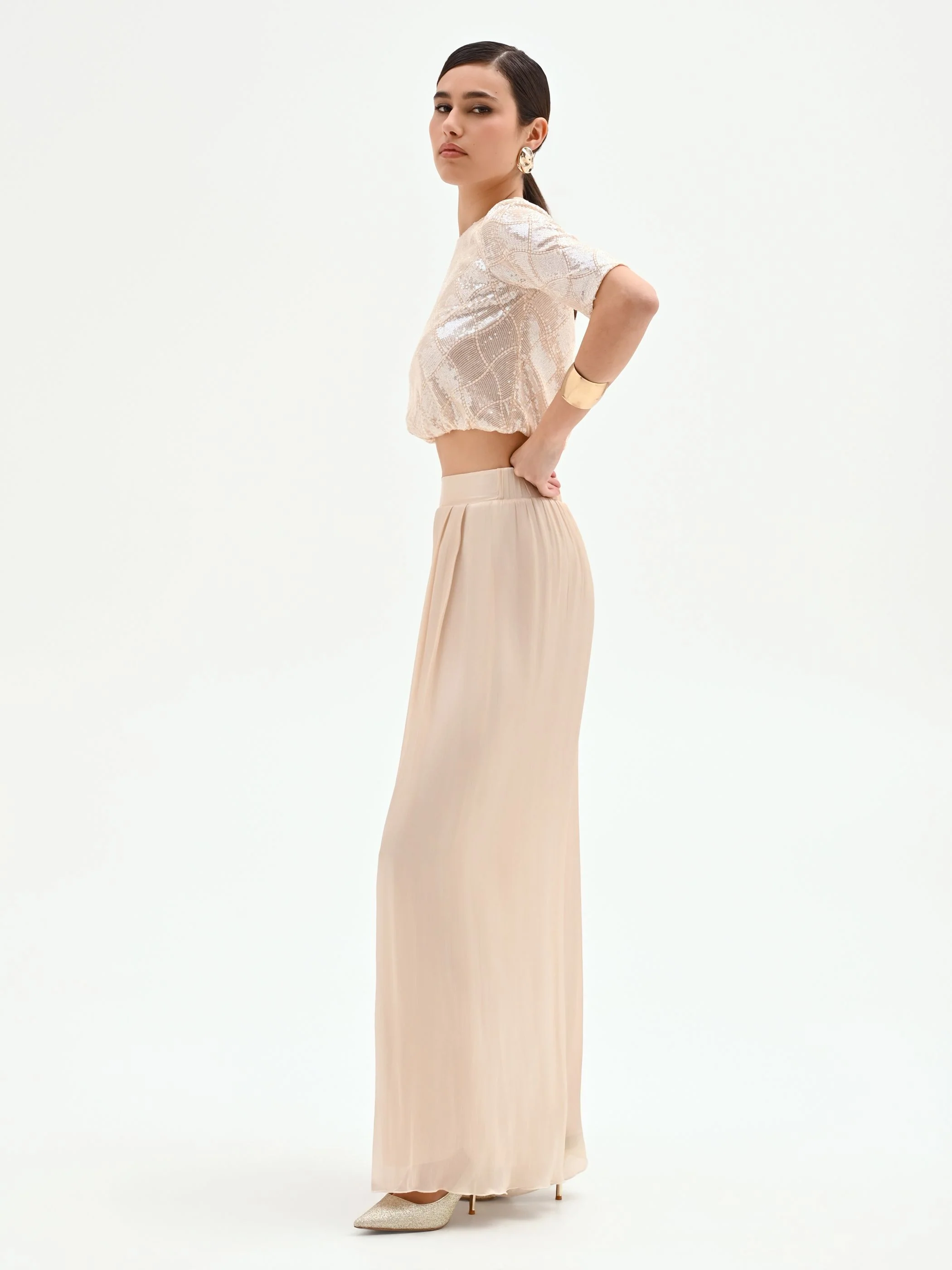 Pantalone a palazzo beige chiaro in raso cangiante - Image 5