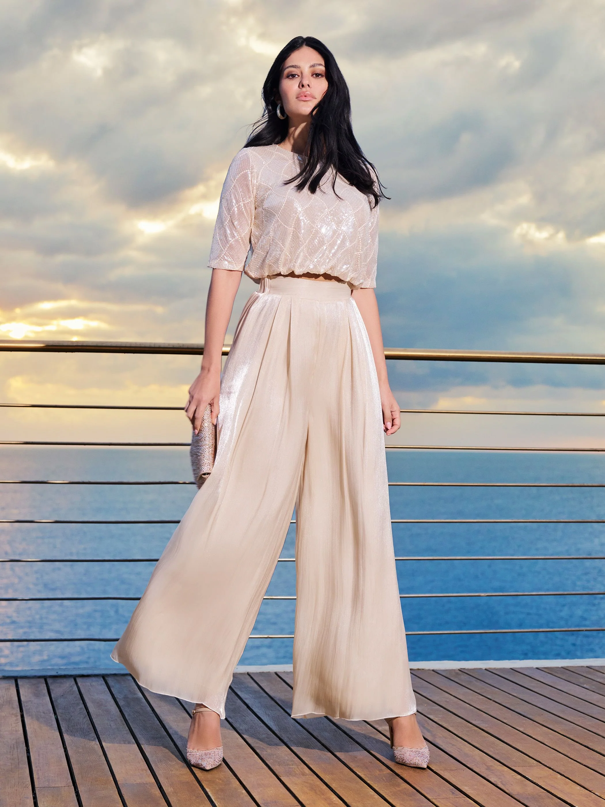 Pantalone a palazzo beige chiaro in raso cangiante - Image 7