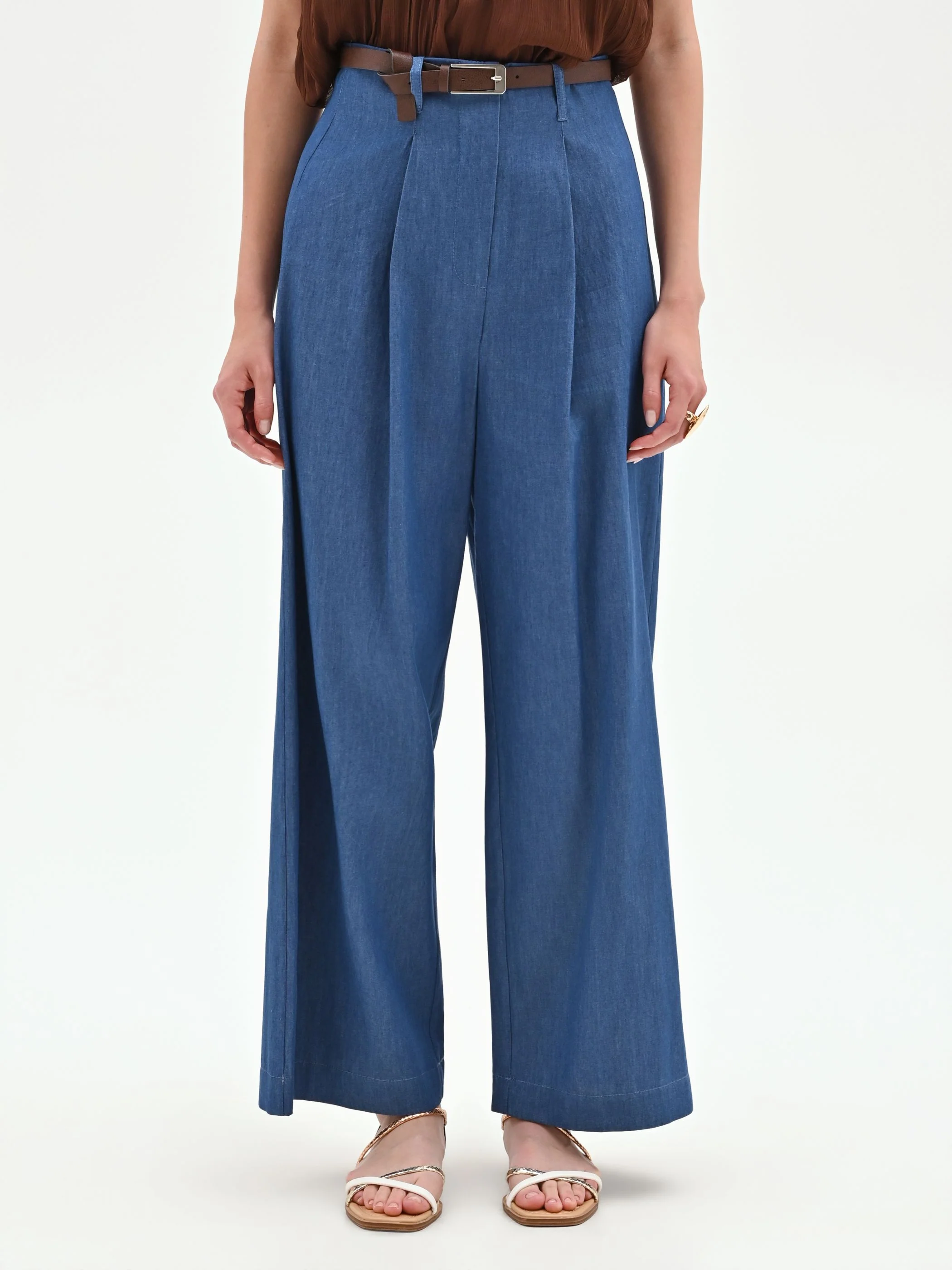 Pantalone a palazzo blu indaco con cintura - Image 2