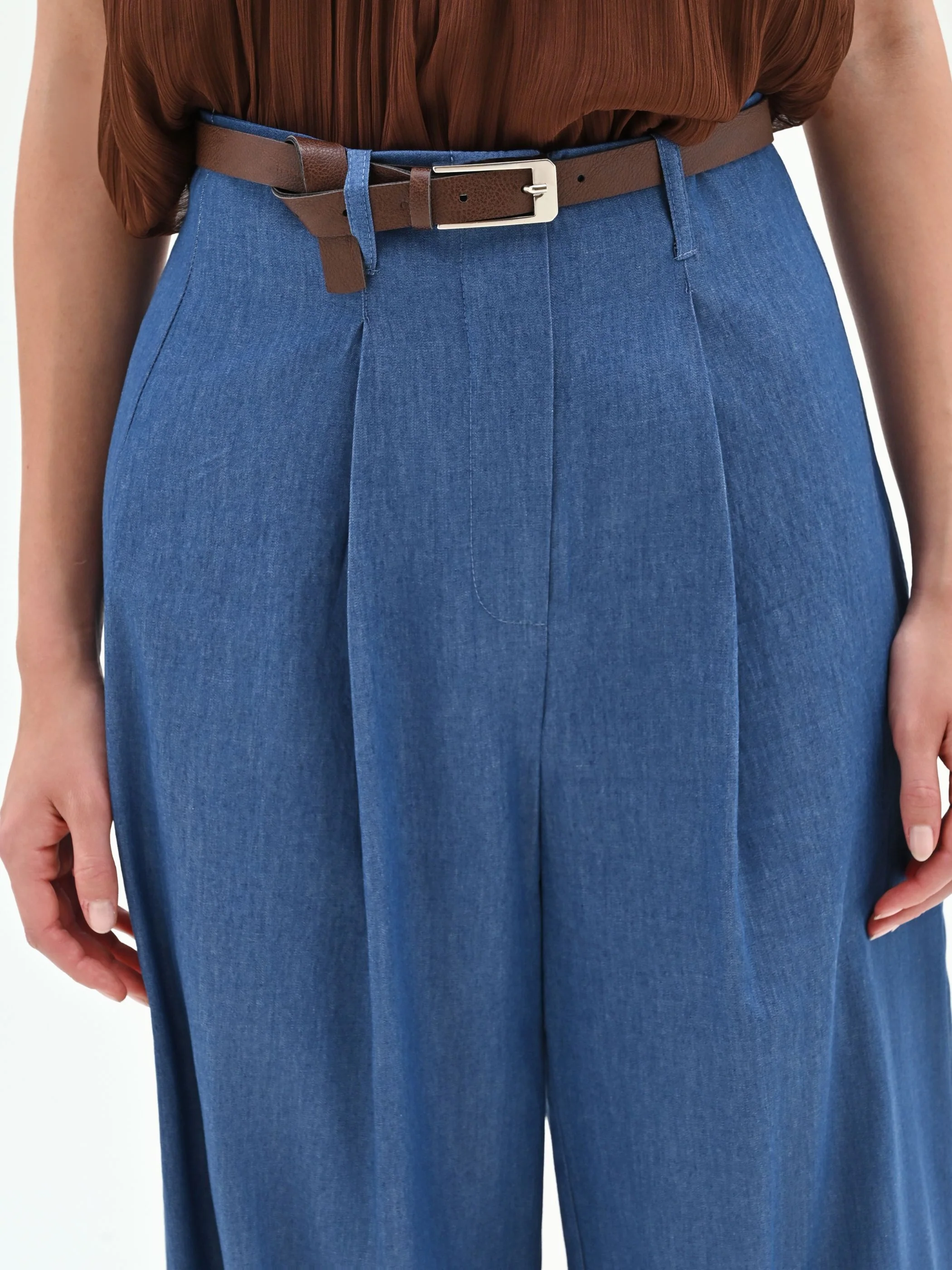 Pantalone a palazzo blu indaco con cintura - Image 4