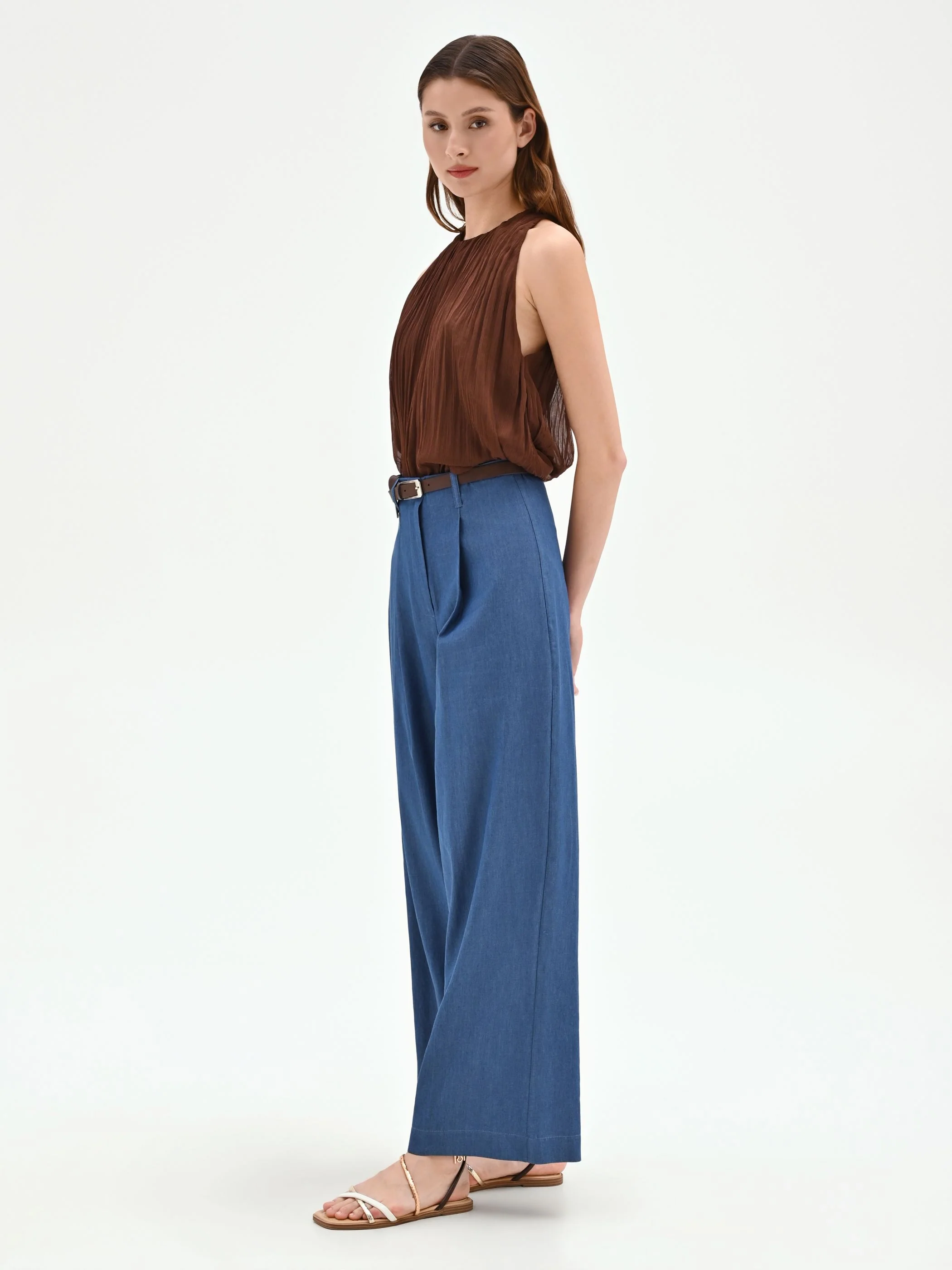 Pantalone a palazzo blu indaco con cintura - Image 5