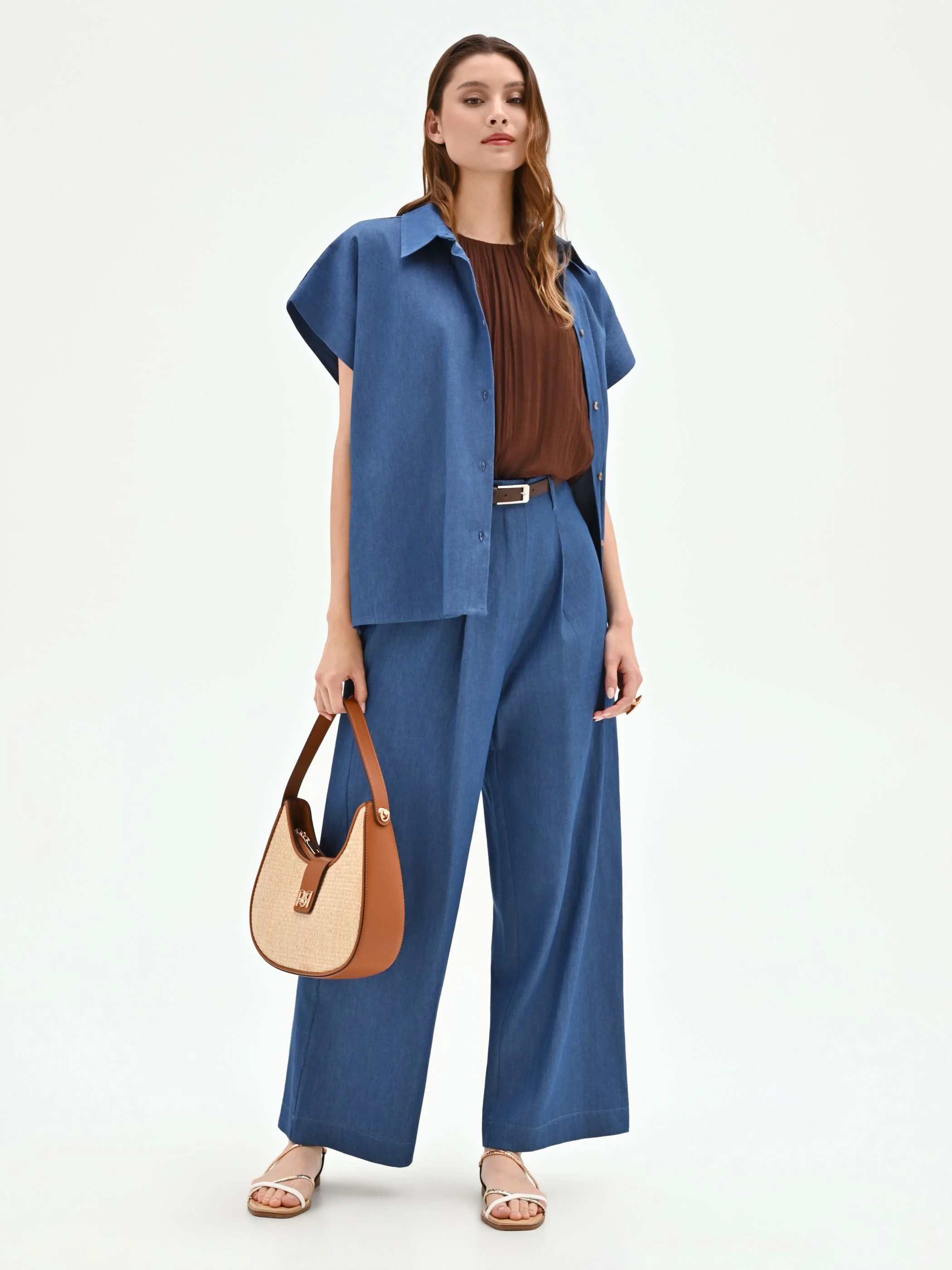 Pantalone a palazzo blu indaco con cintura - Image 6