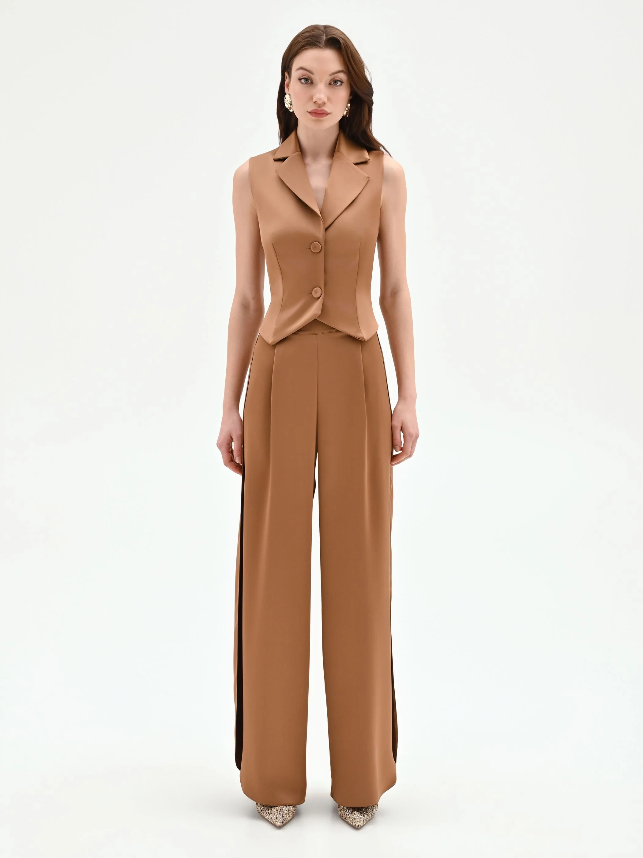 Pantalone a palazzo marrone bronzo con pinces - Image 2