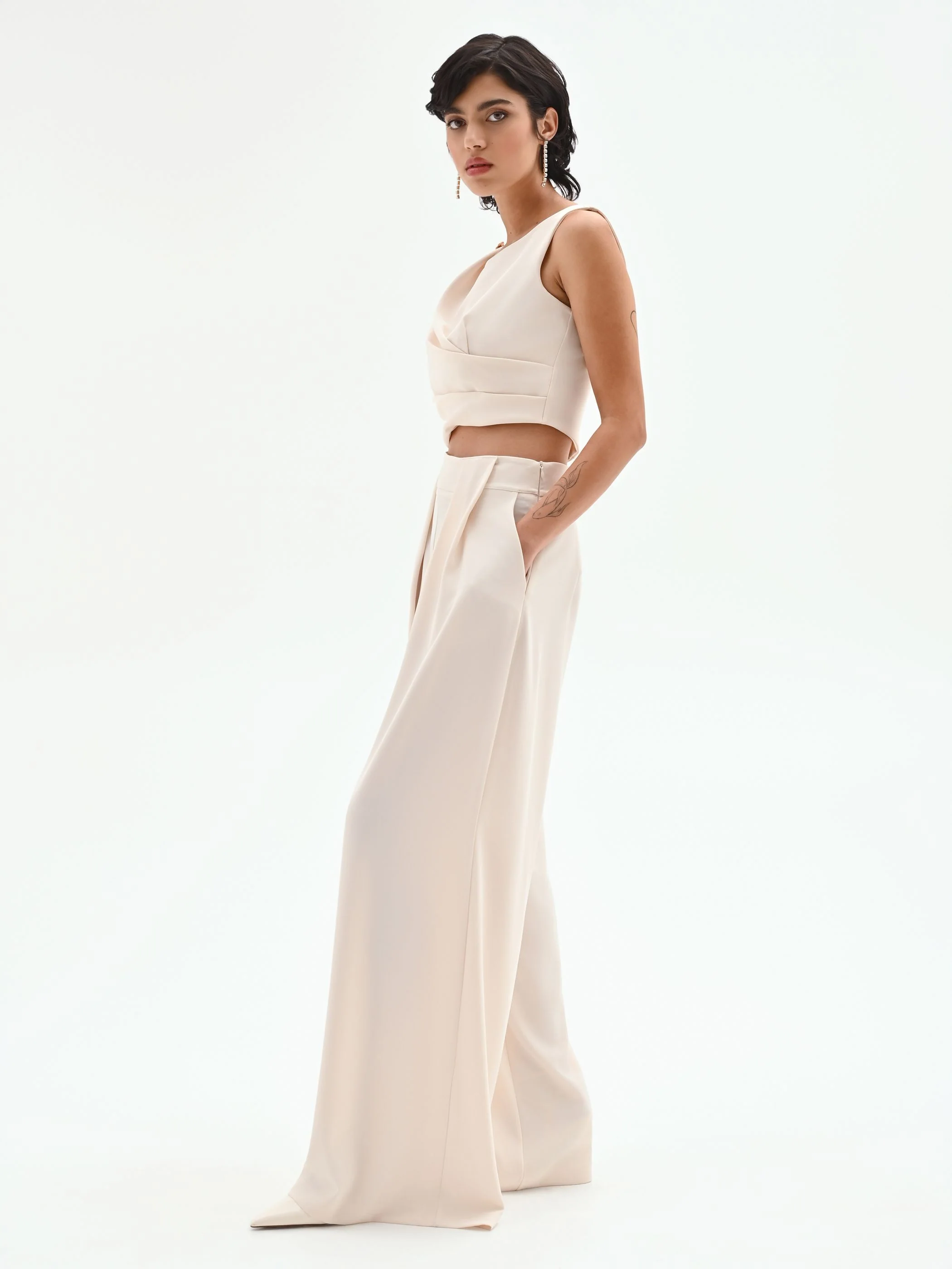Pantalone a palazzo panna bianco con pieghe - Image 5