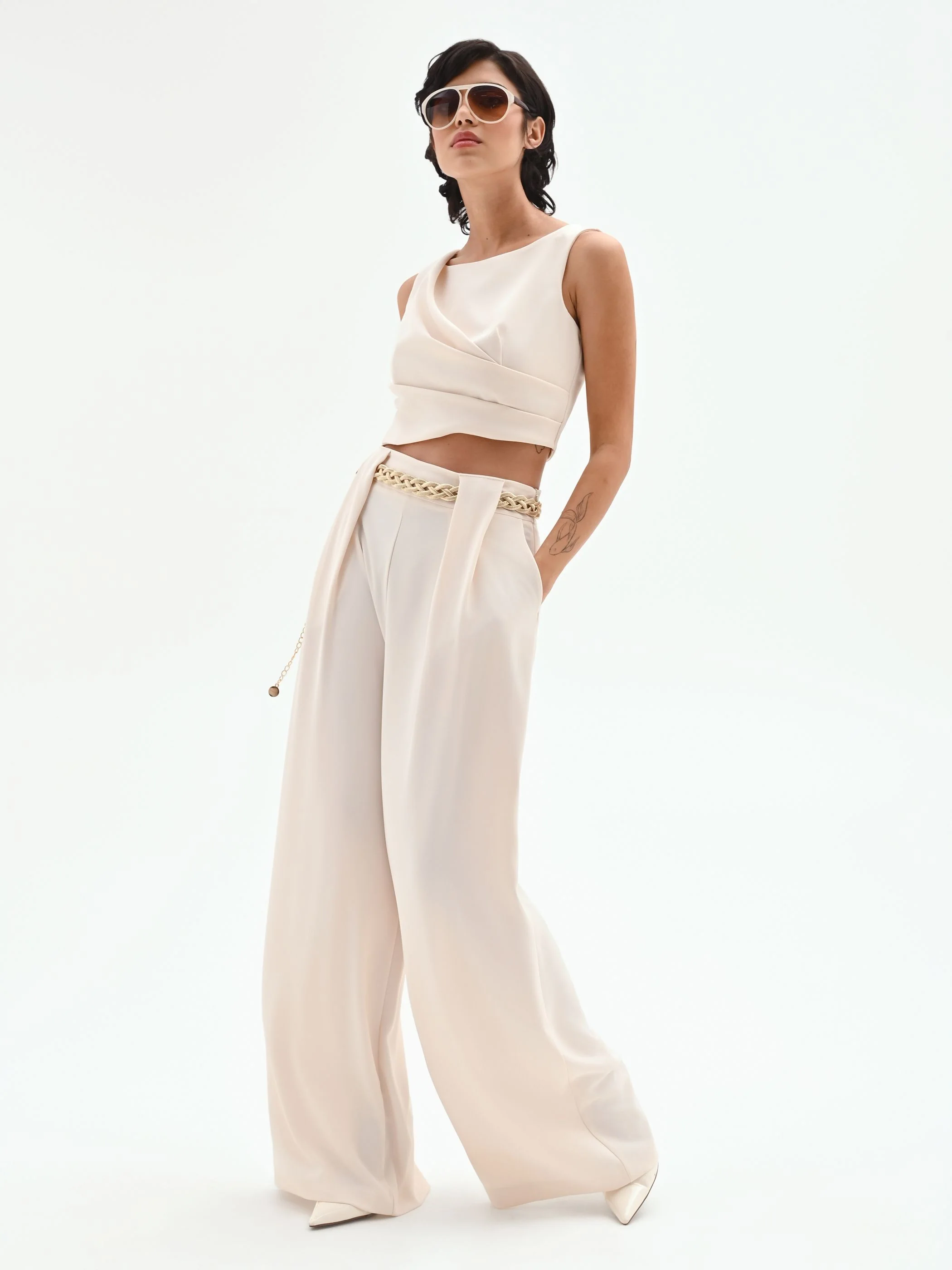 Pantalone a palazzo panna bianco con pieghe - Image 7