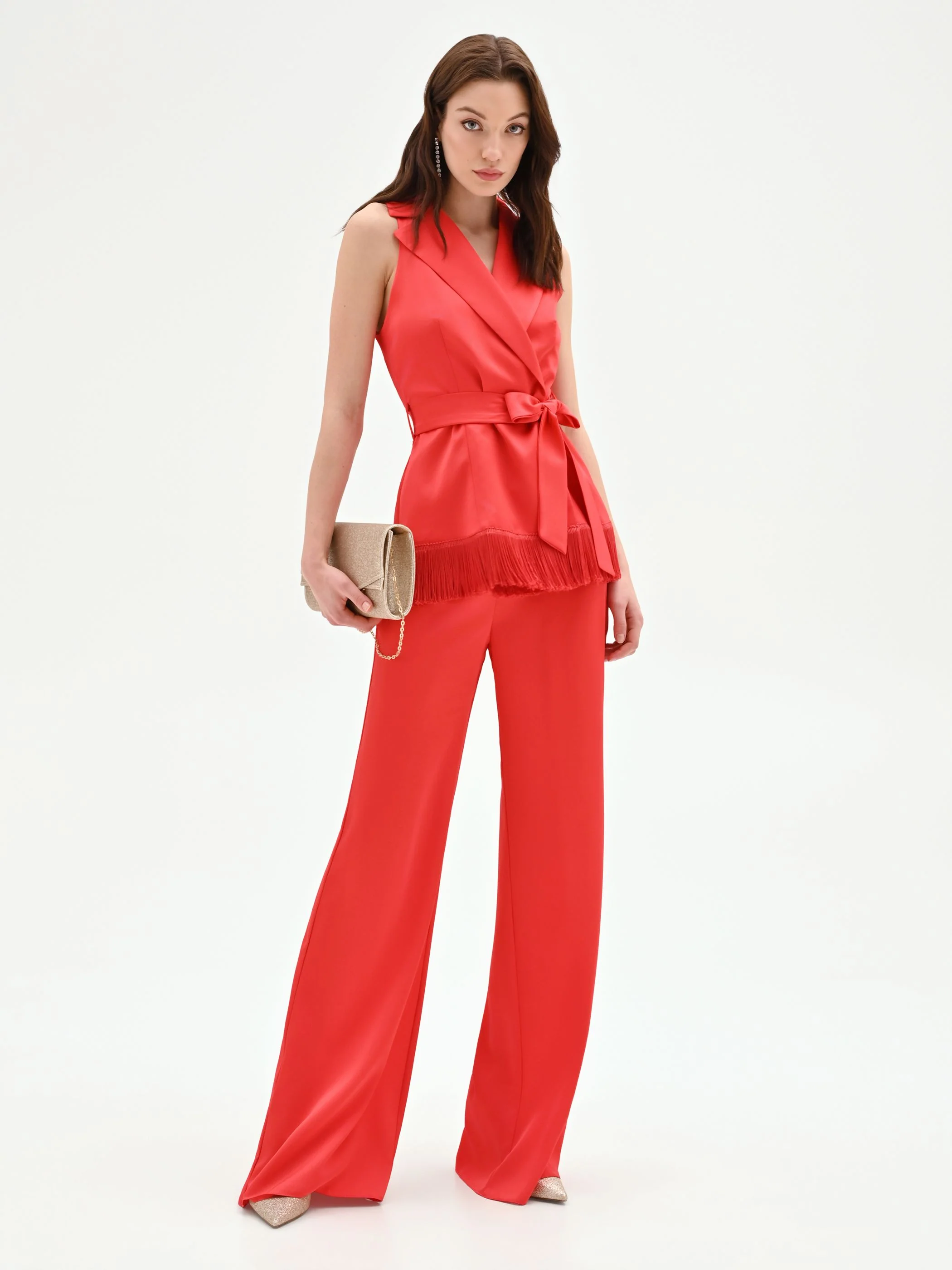 Pantalone a palazzo rosso fragola in raso - Image 6