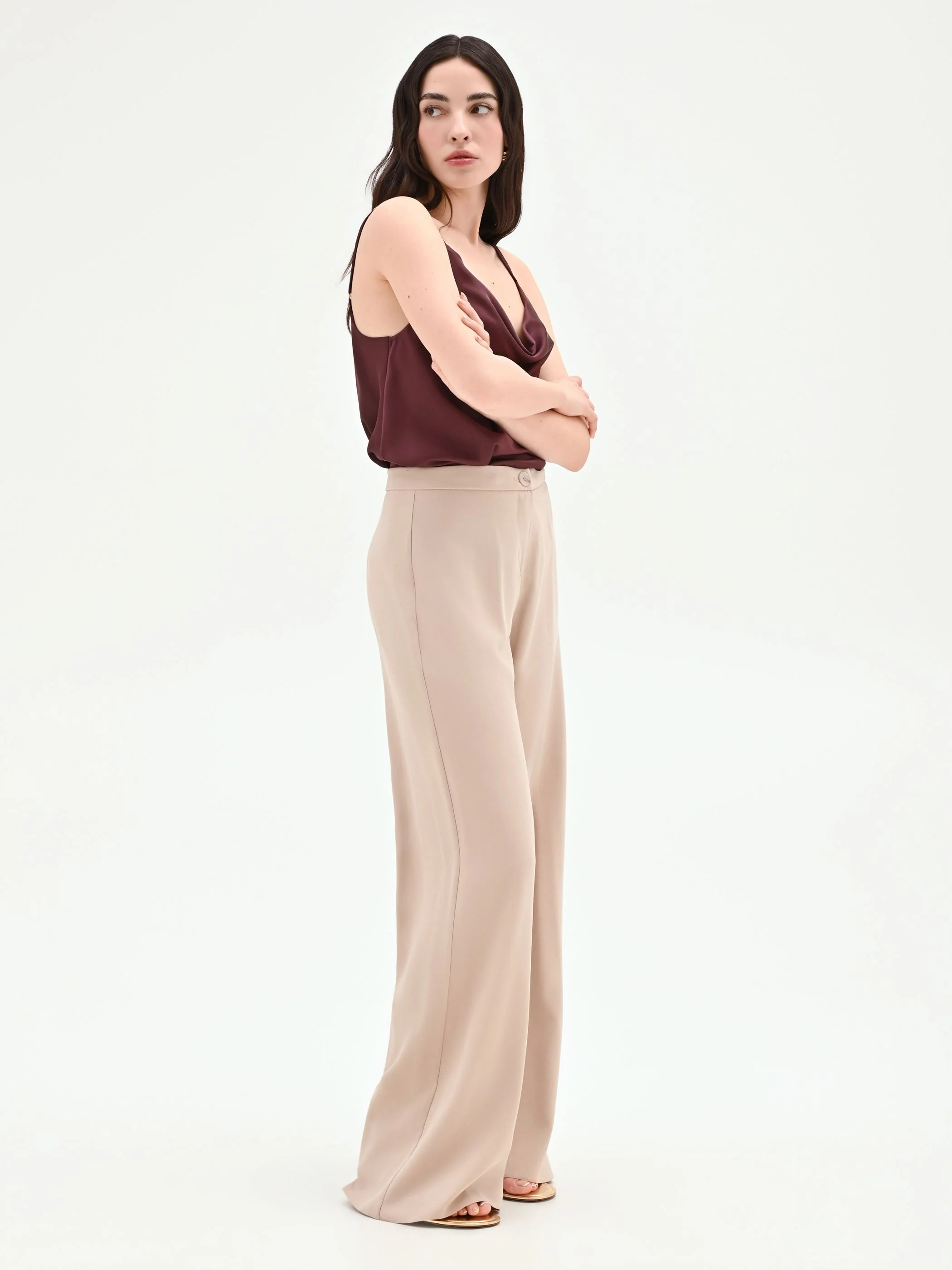 Pantalone a palazzo tortora beige in viscosa - Image 5