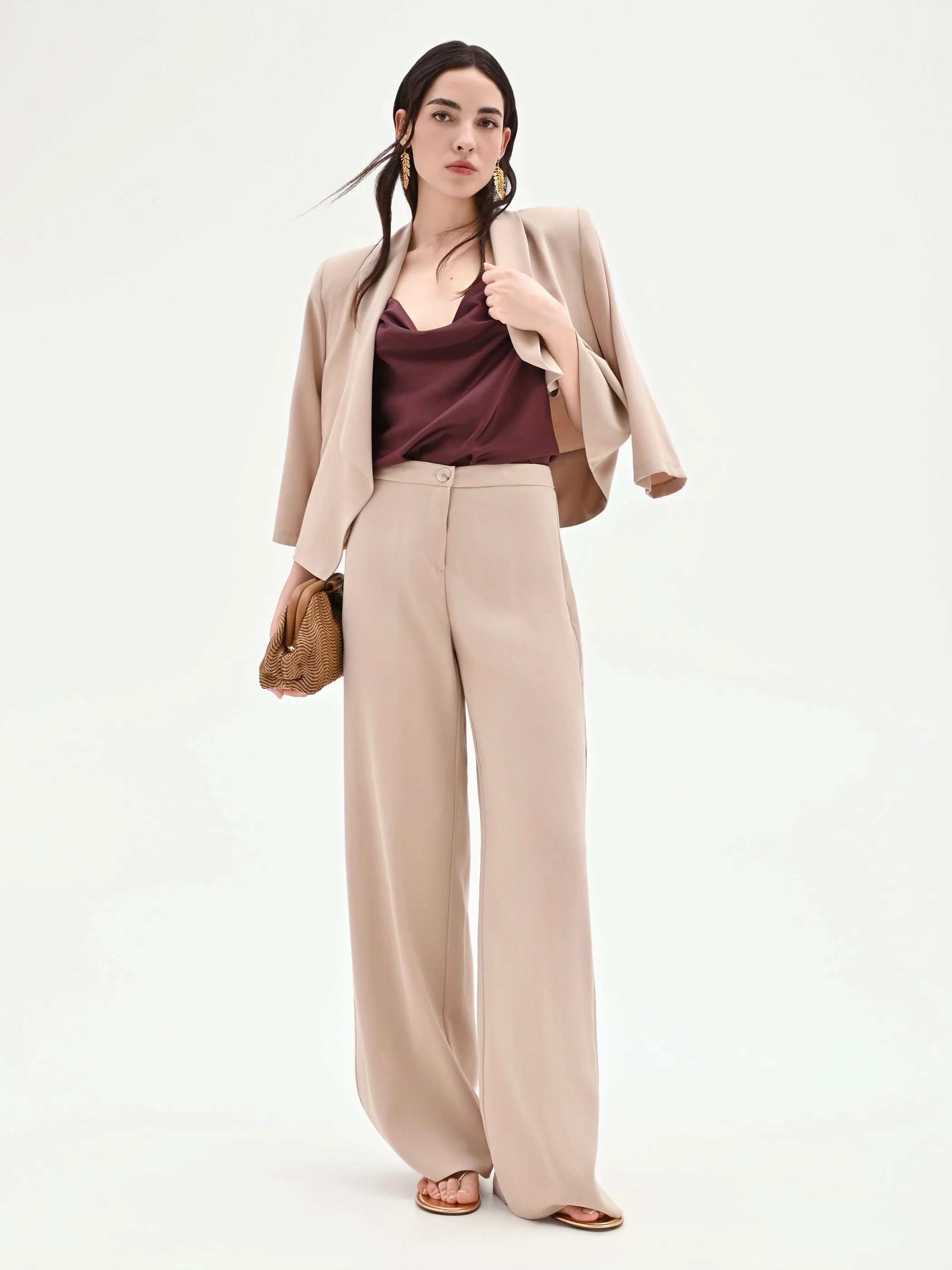 Pantalone a palazzo tortora beige in viscosa - Image 7