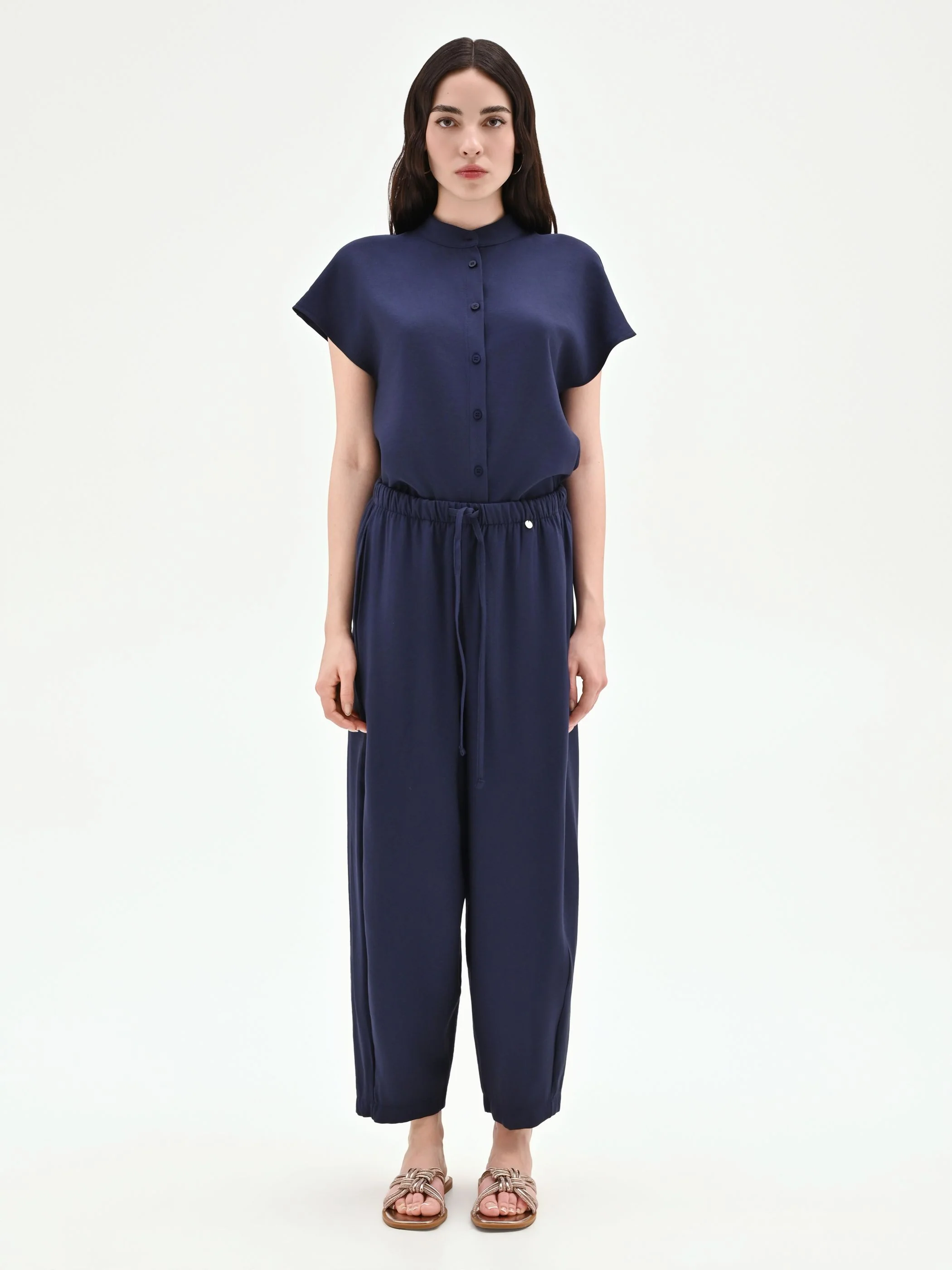 Pantalone blu navy fluido con coulisse - Image 2