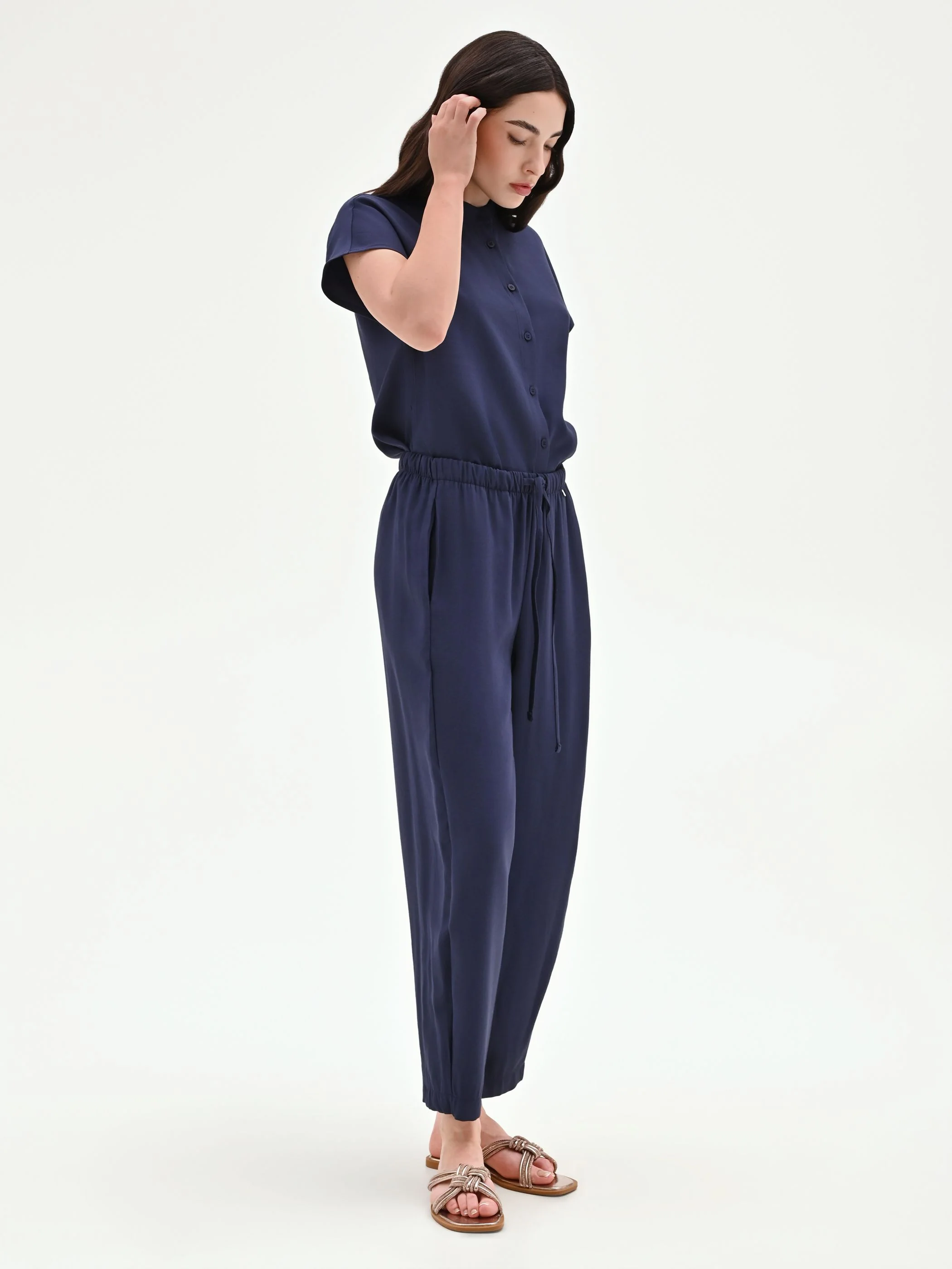 Pantalone blu navy fluido con coulisse - Image 5