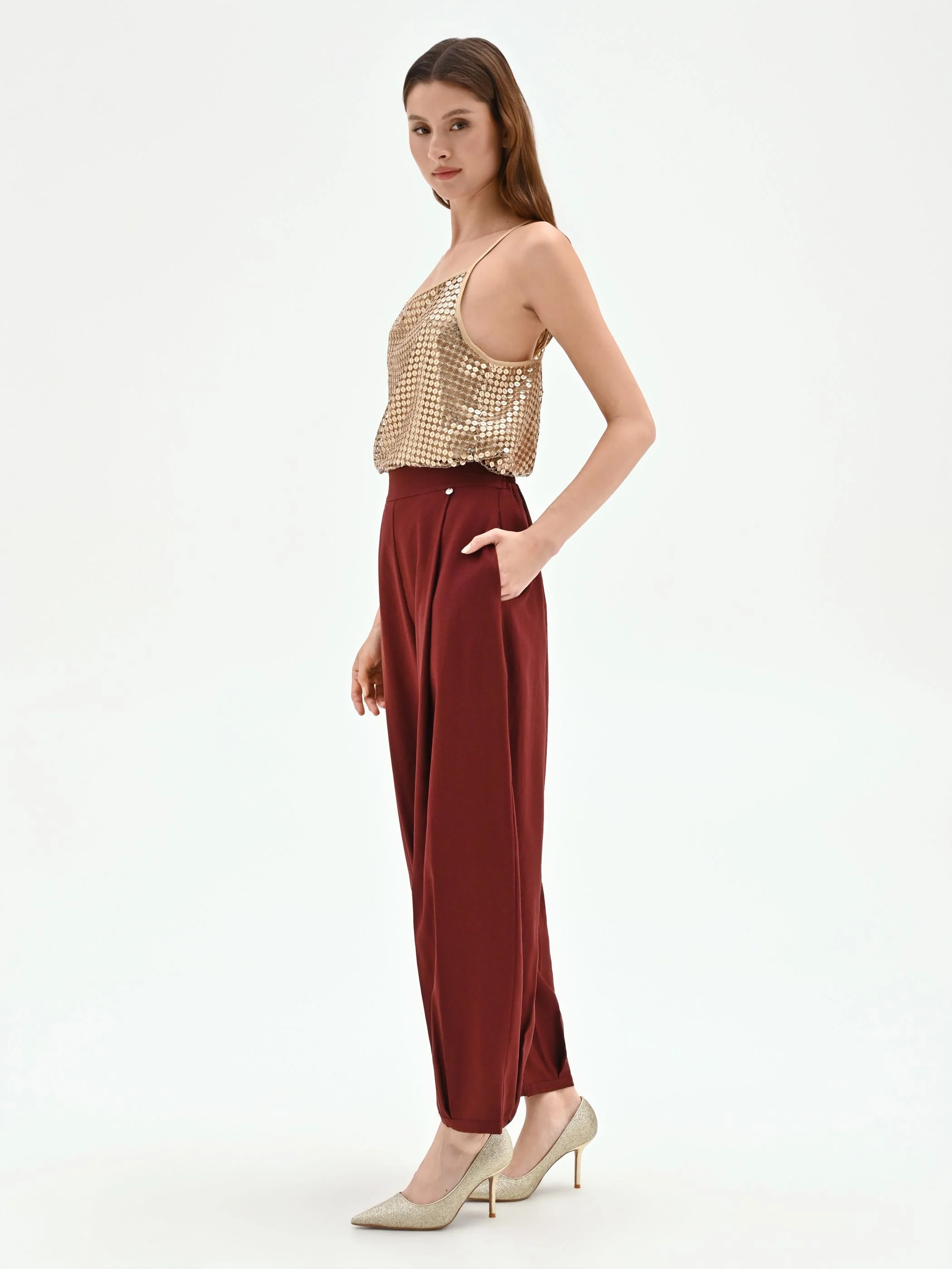 Pantalone bordeaux a palloncino in lino - Image 5