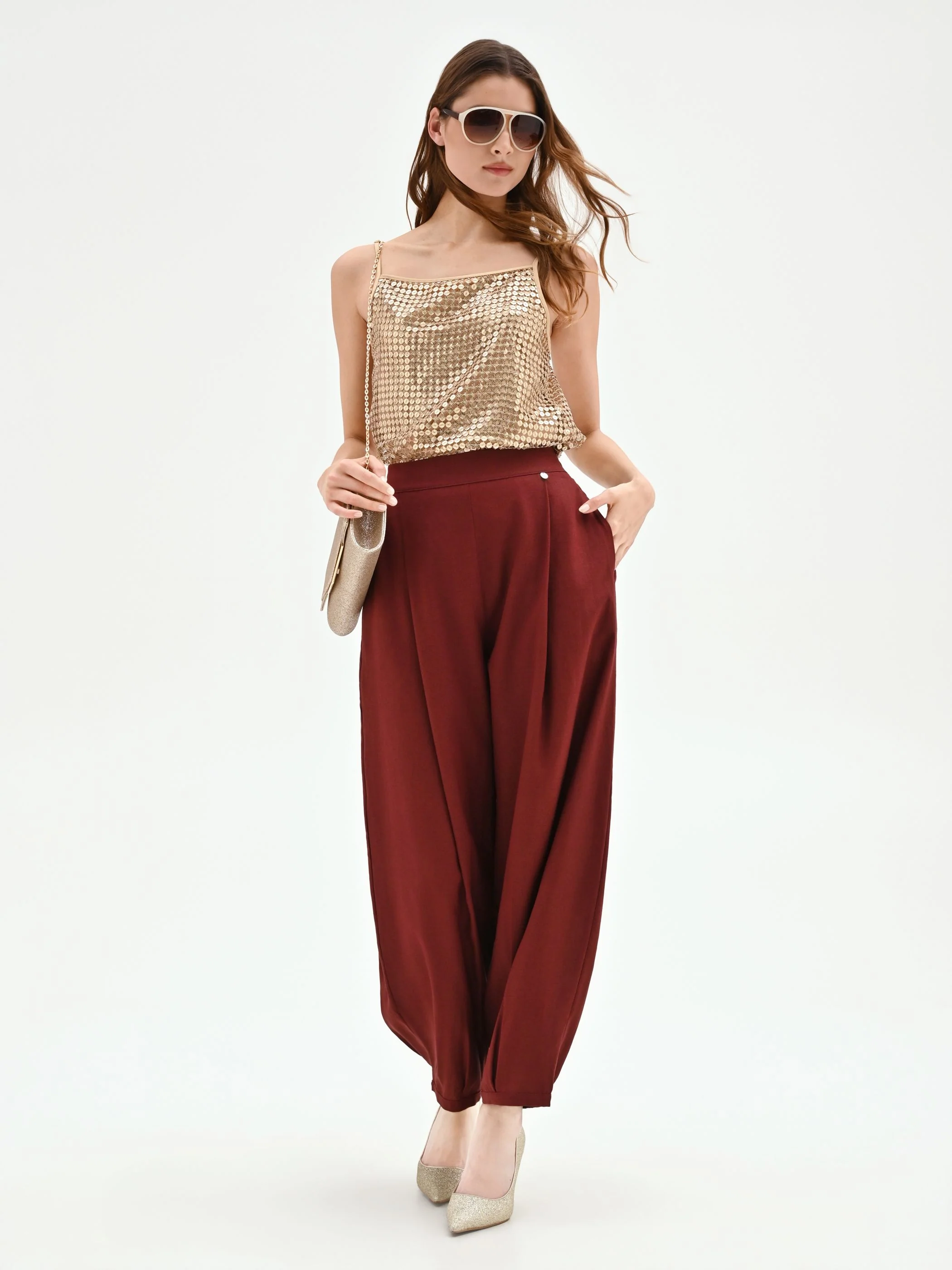 Pantalone bordeaux a palloncino in lino - Image 6