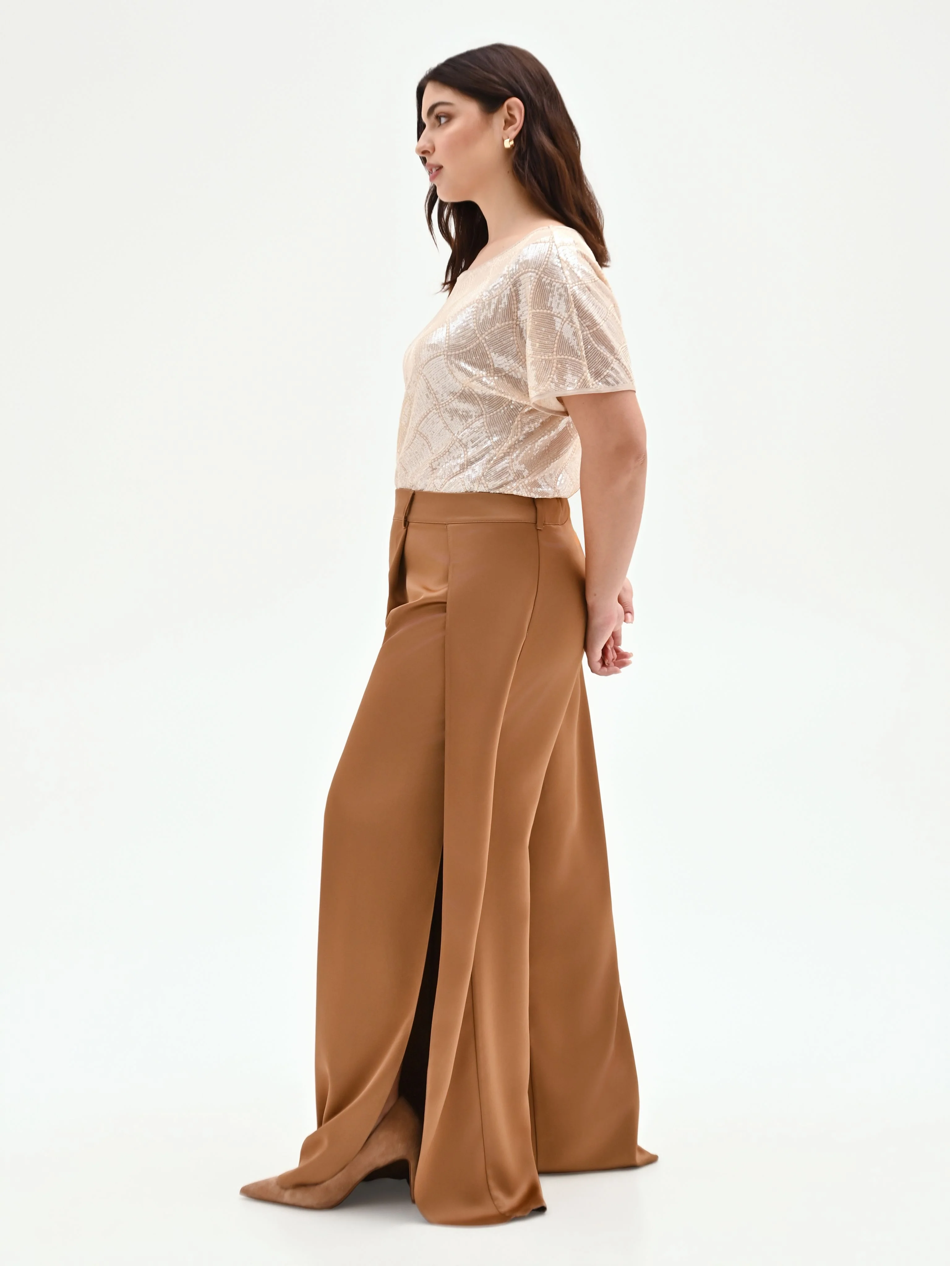 Pantalone curvy a palazzo marrone bronzo - Image 4