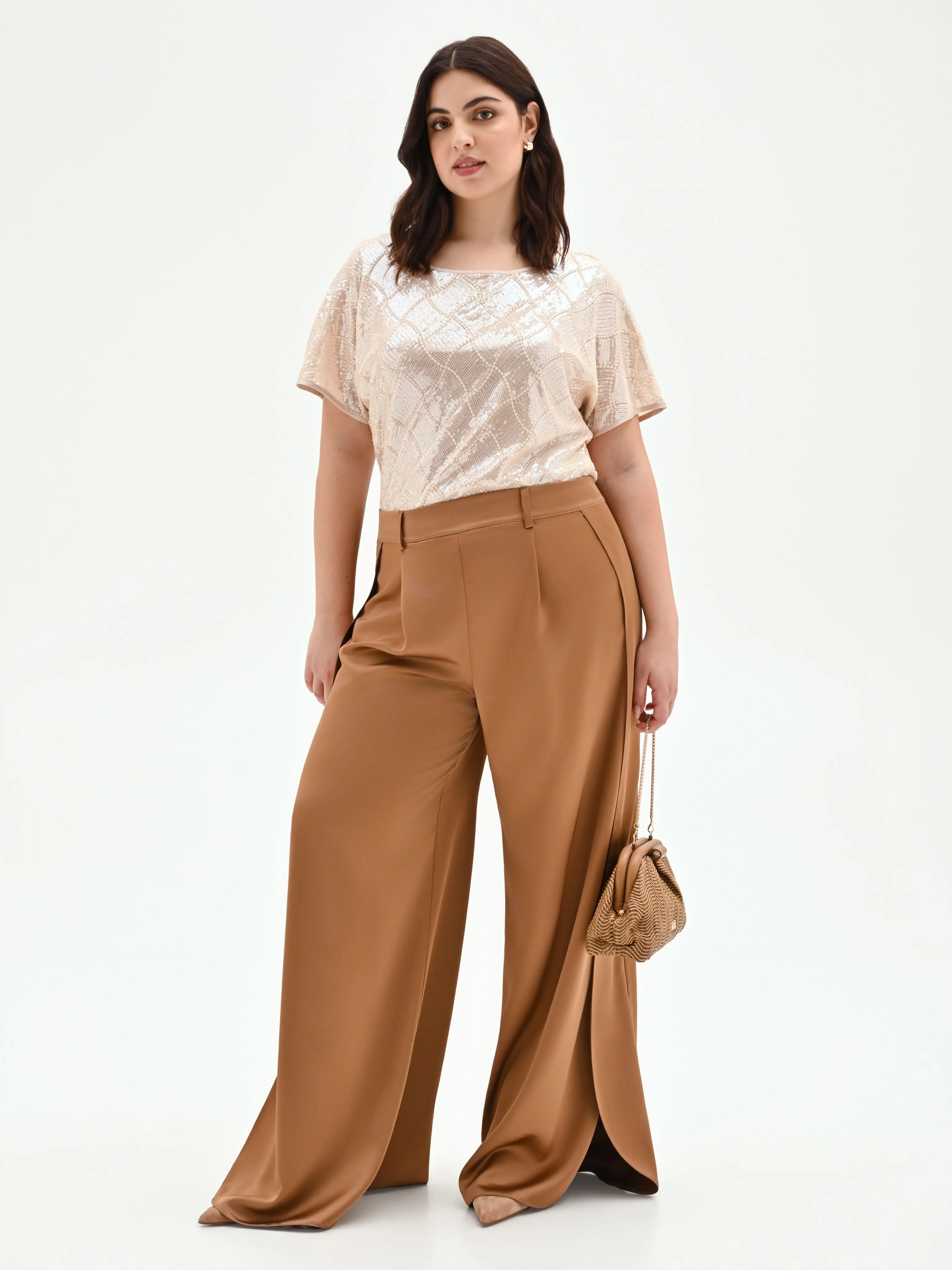 Pantalone curvy a palazzo marrone bronzo - Image 6