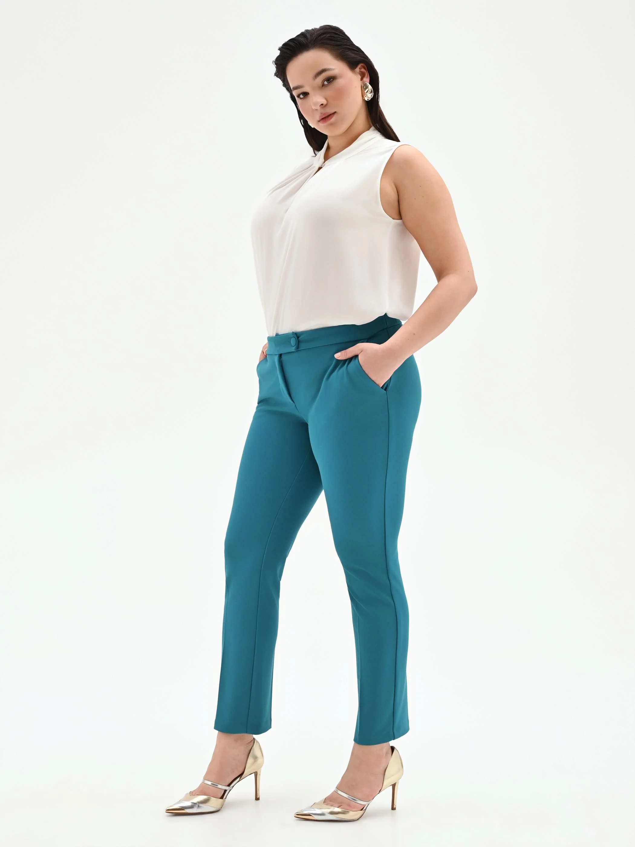 Pantalone Curvy blu ottanio con piega in scuba mano crepe - Image 5